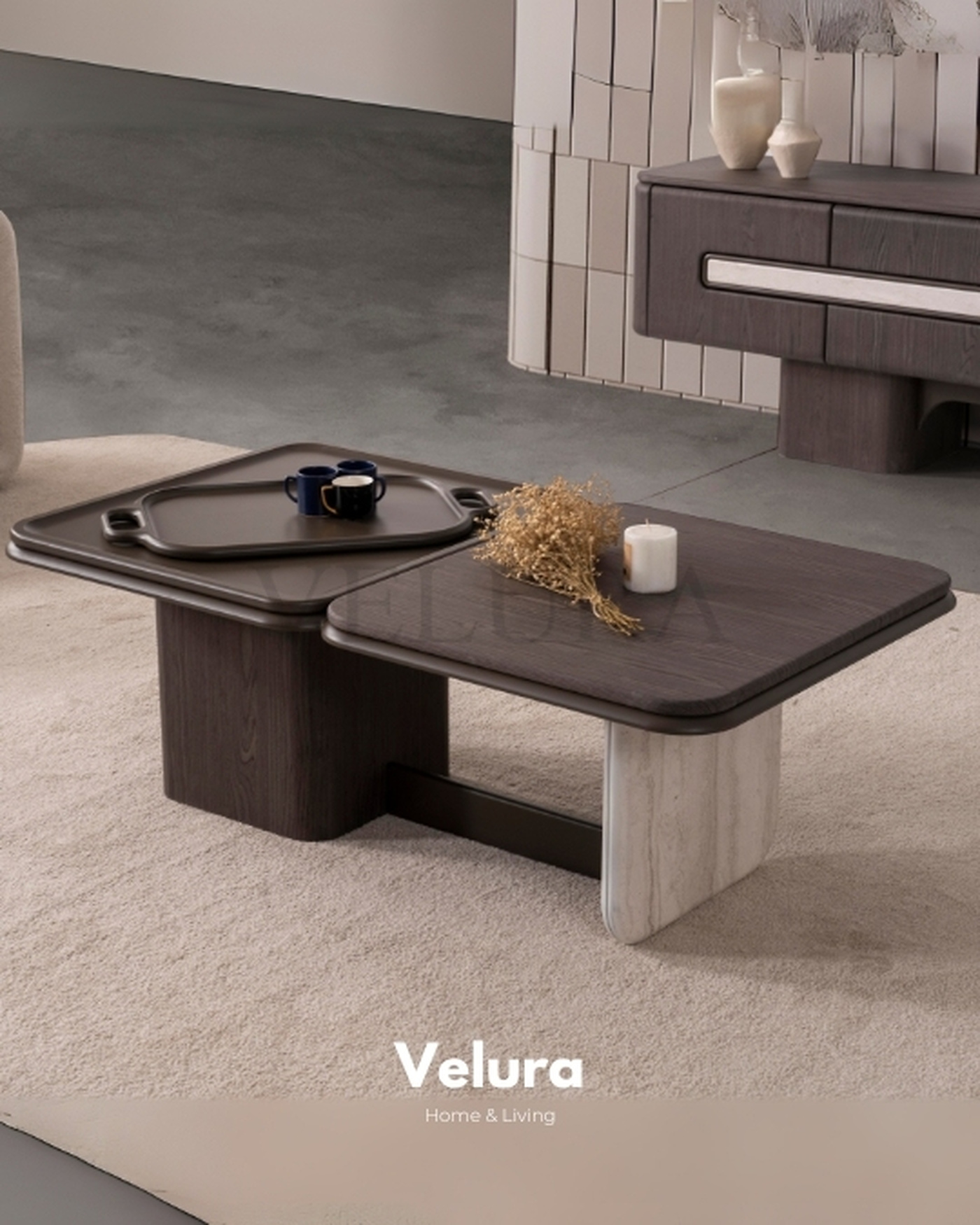 Koyu Ceviz Krem Mermer Orta Sehpa Enna Plus Orta Sehpa Velura Home