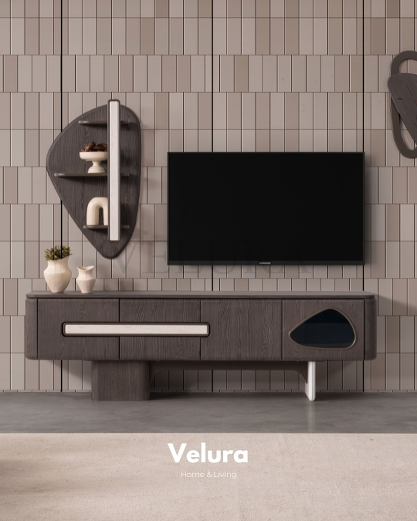 Enna Plus TV Ünitesi - Modern Koyu Ceviz Tasarım Enna Plus TV Ünitesi koyu ceviz damarlı krem detaylı modern tasarım