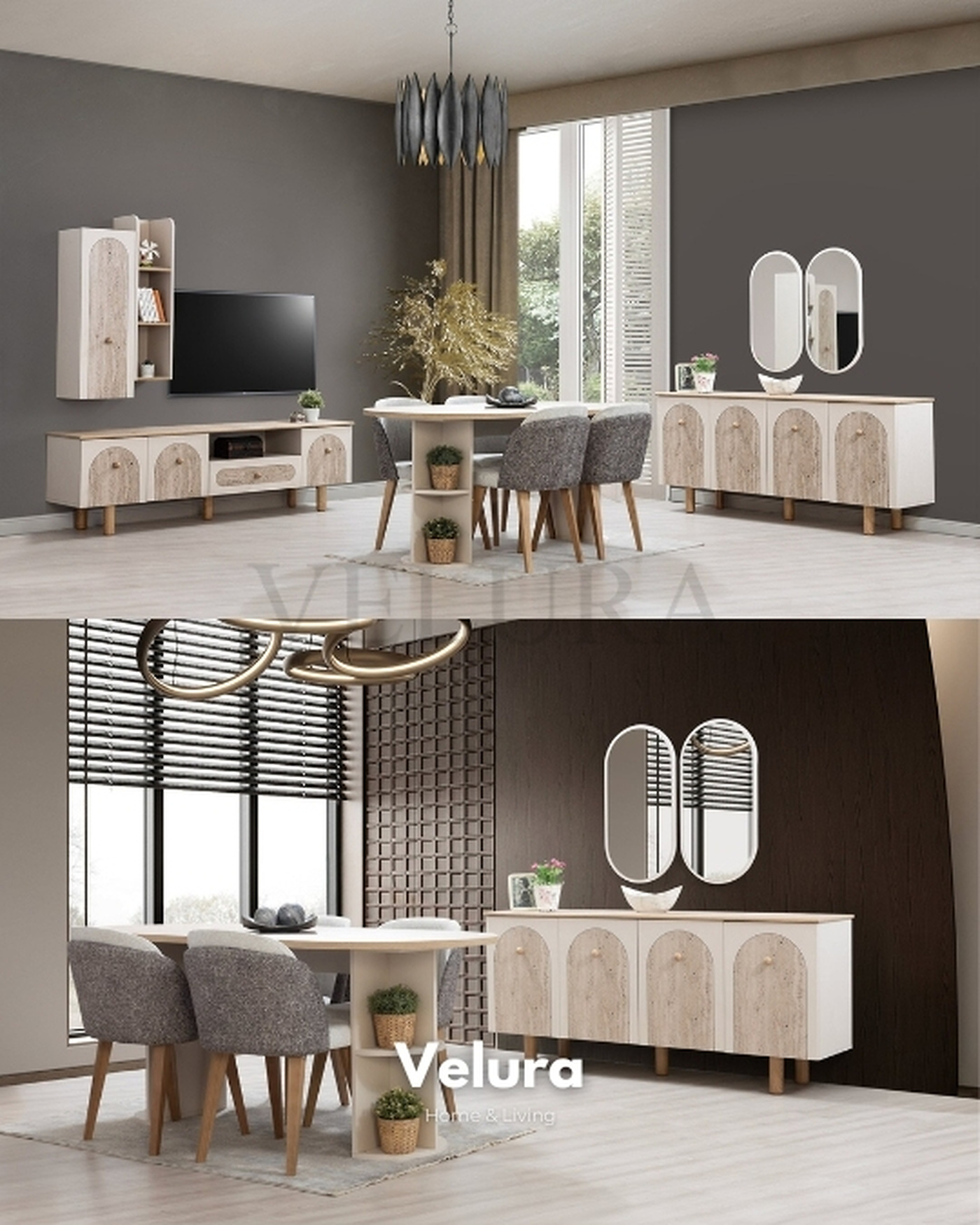 Eris Yemek Takımı - Modern Krem ve Ahşap Tasarım Modern açılabilir yemek masası ve konsol
