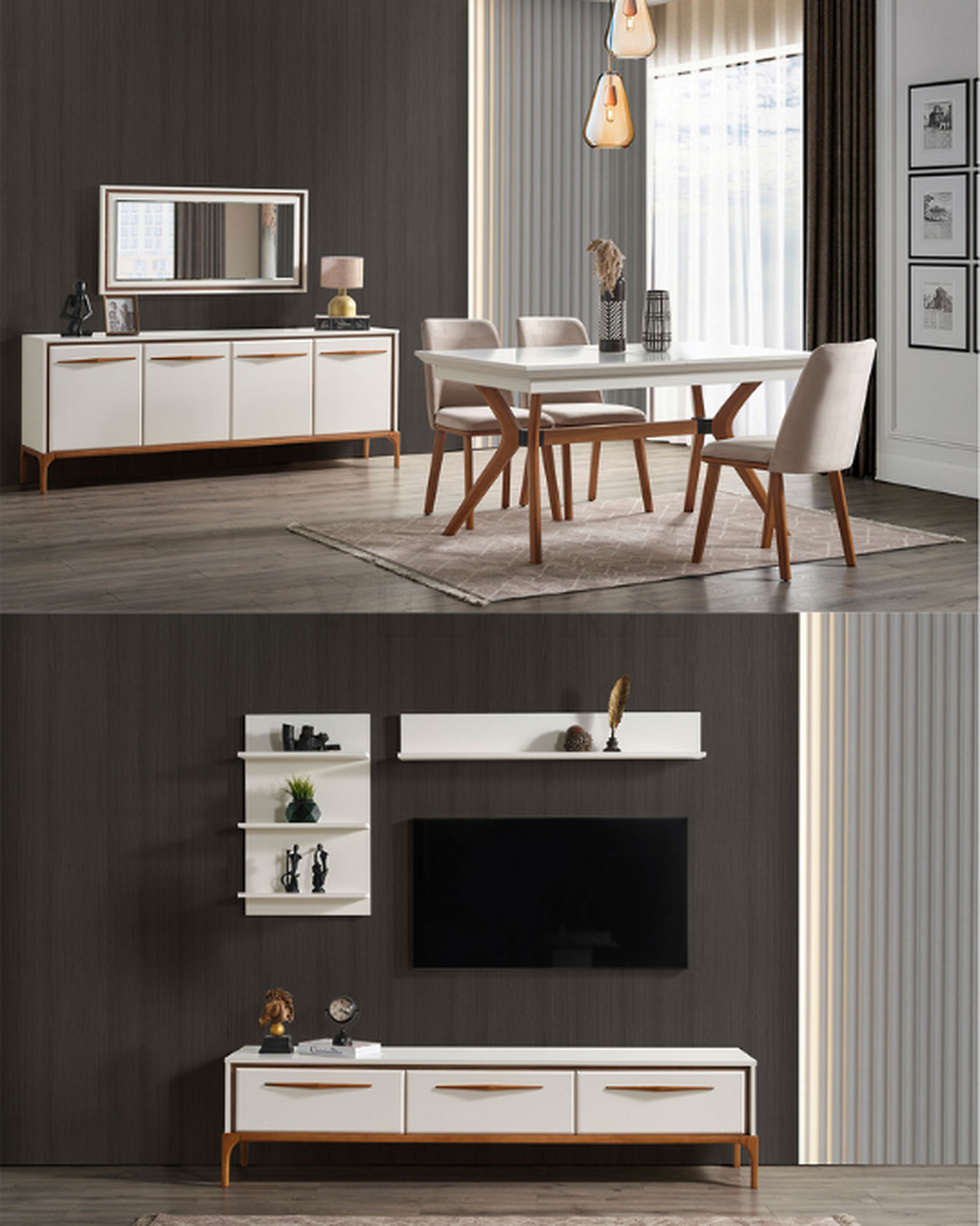 Firu Yemek Takımı - Modern Krem ve Ceviz Tasarım Firu Yemek Takımı krem renk ceviz detaylı modern tasarım