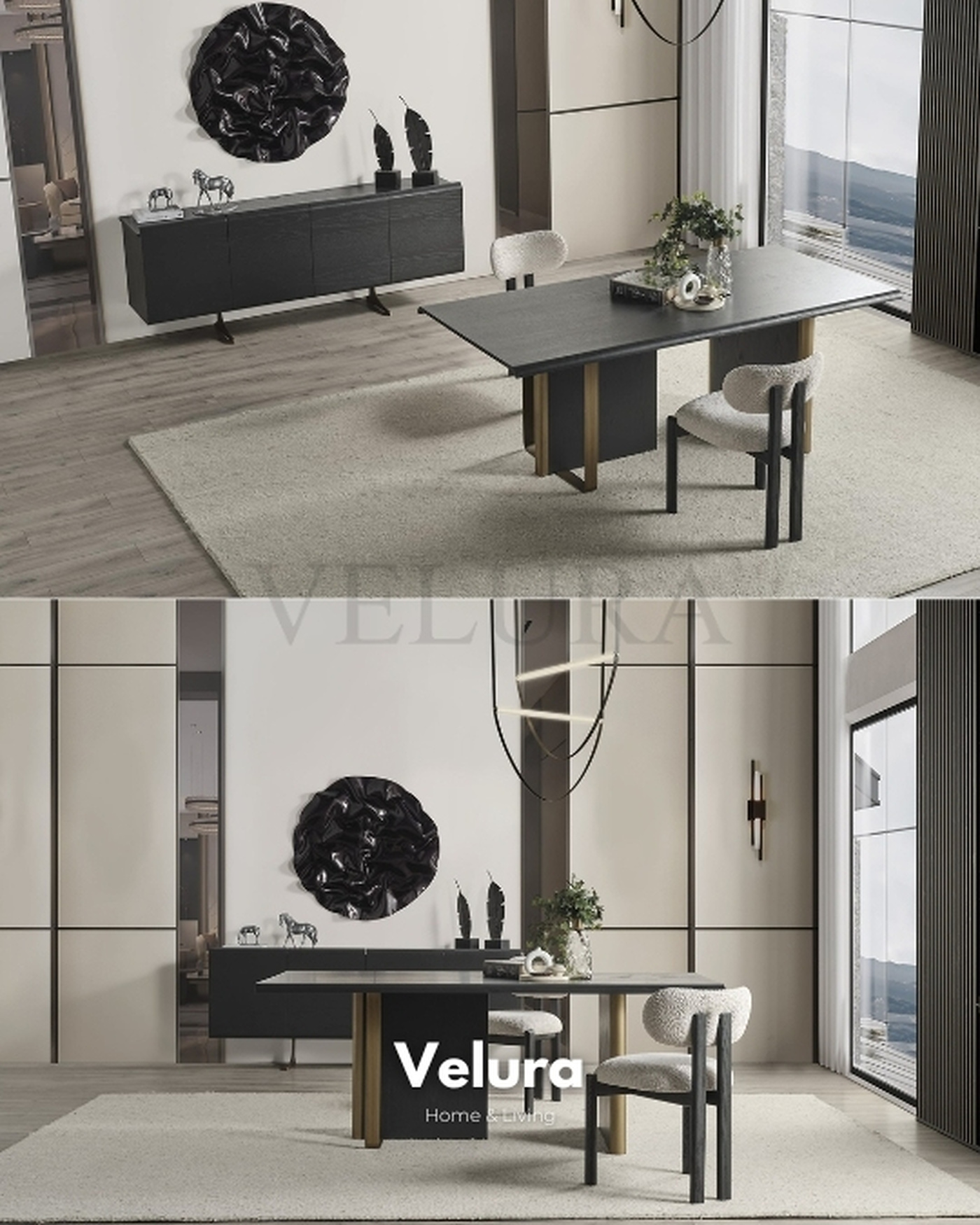 Alaca Yemek Masası – Antrasit tonlarında, metal ayaklı, ahşap masa modeli