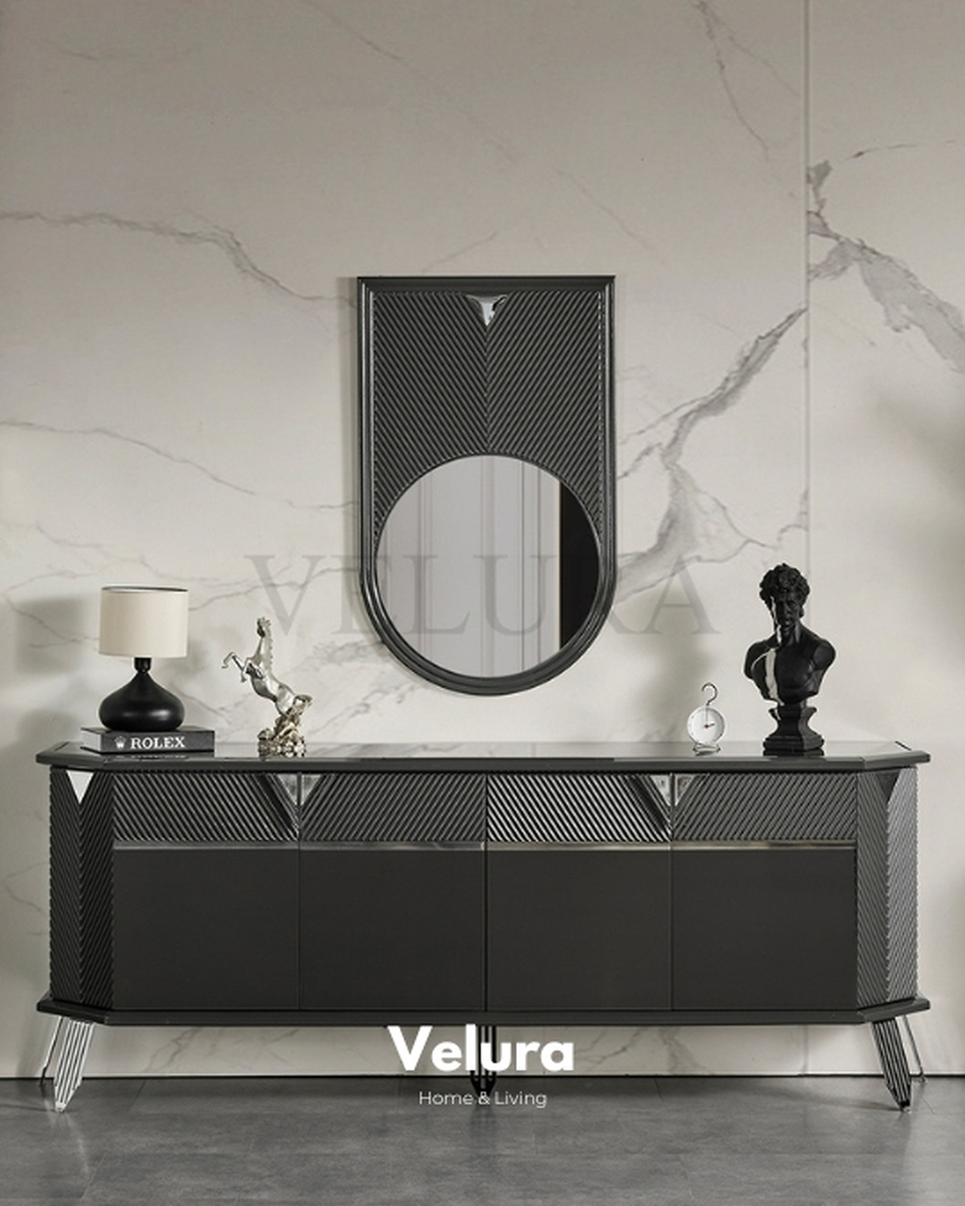 Şık ve Fonksiyonel Konsol Tasarımı Velura Home gümüş detaylı konsol