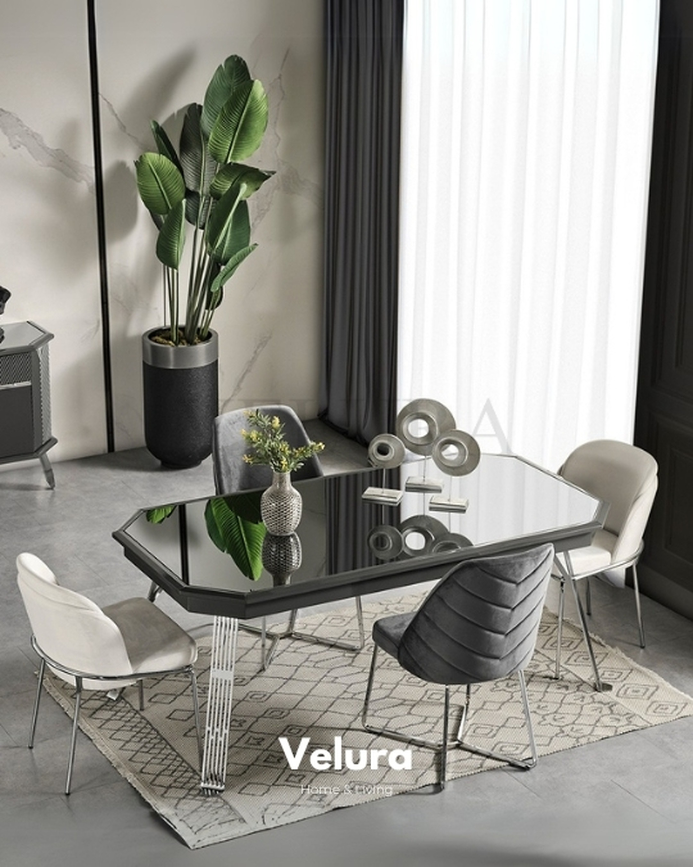 Velura Home Modern Sabit Yemek Masası Madrid koyu gri sabit yemek masası
