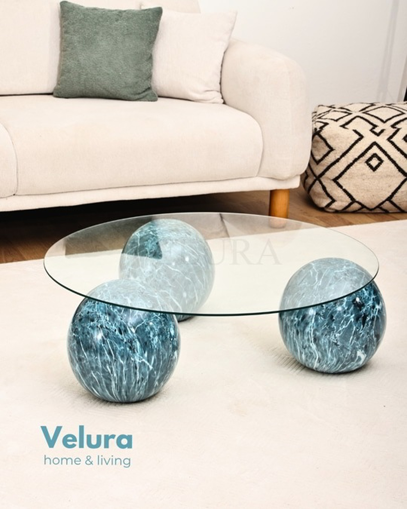 şeffaf cam tabla ocean desenli yuvarlak sehpa
