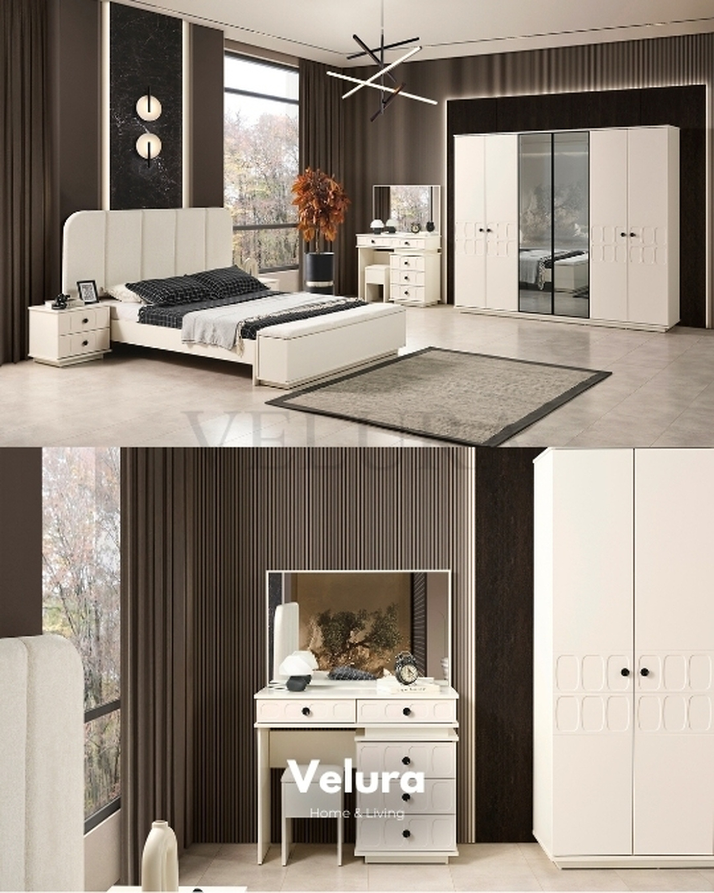 Petek Yatak Odası Takımı - Krem Renk Velura Home Petek Serisi Yatak Odası
