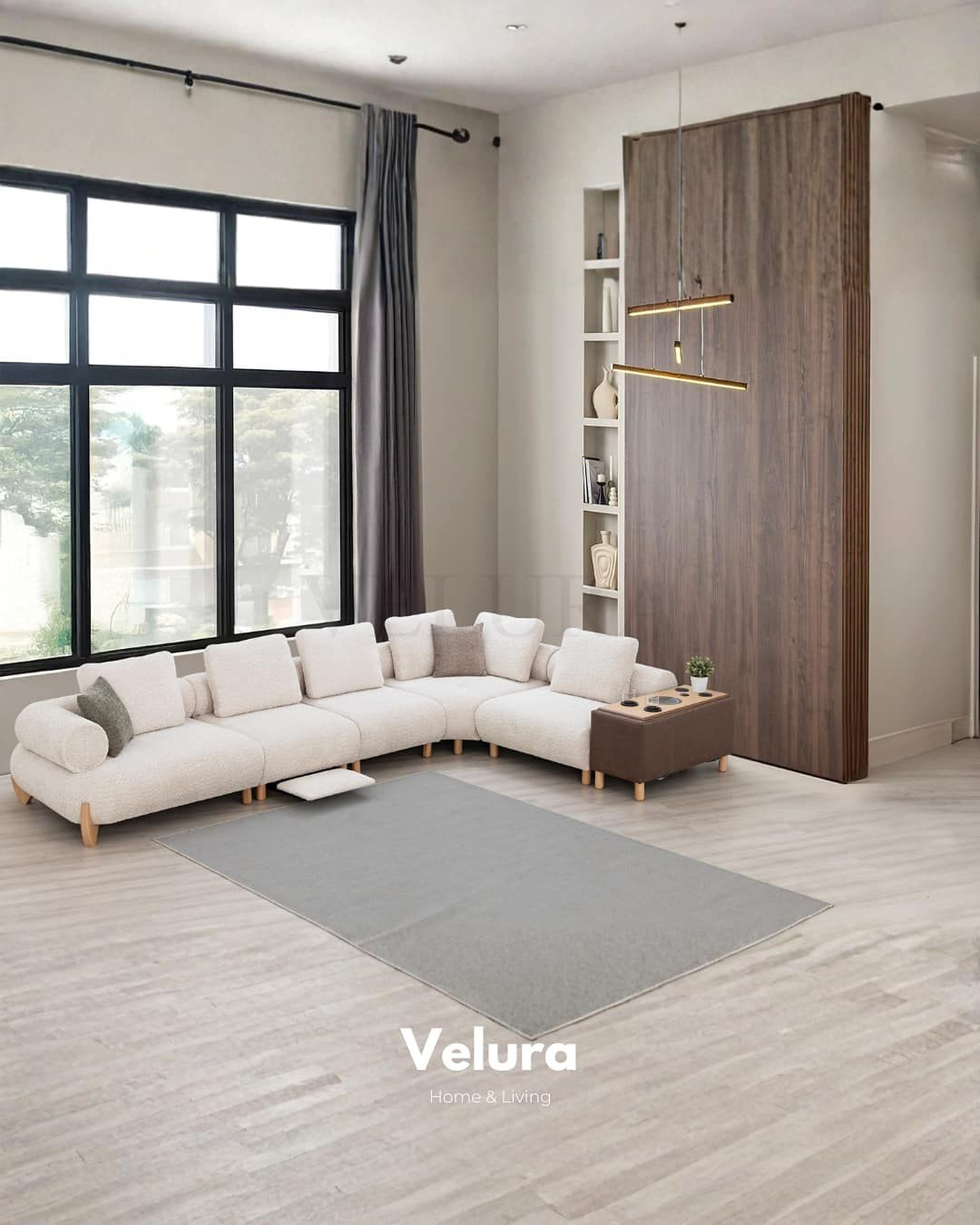 Modern köşe koltuk, L düzeni, yerden yüksek silüet