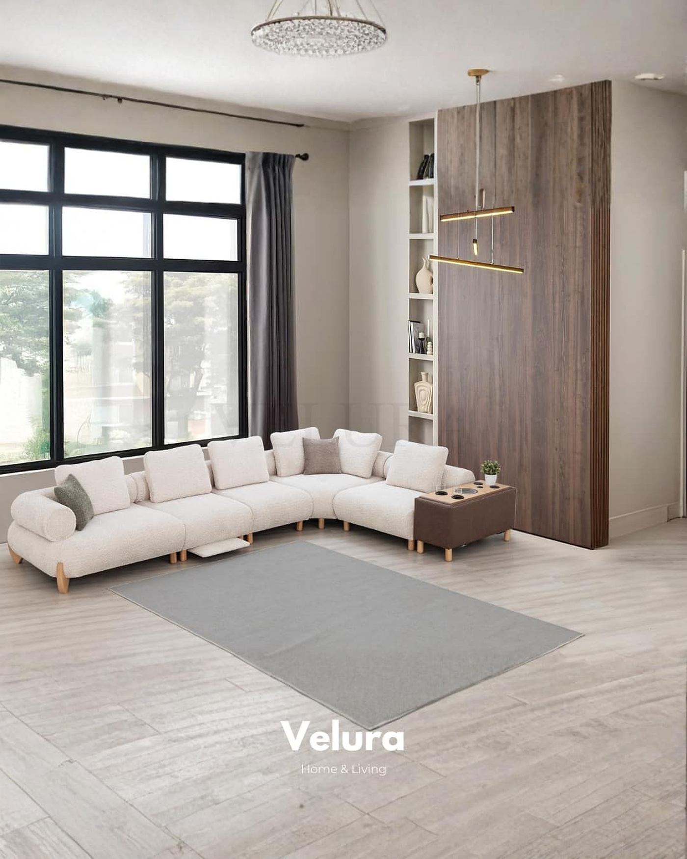 Modern köşe koltuk, L düzeni, yerden yüksek silüet