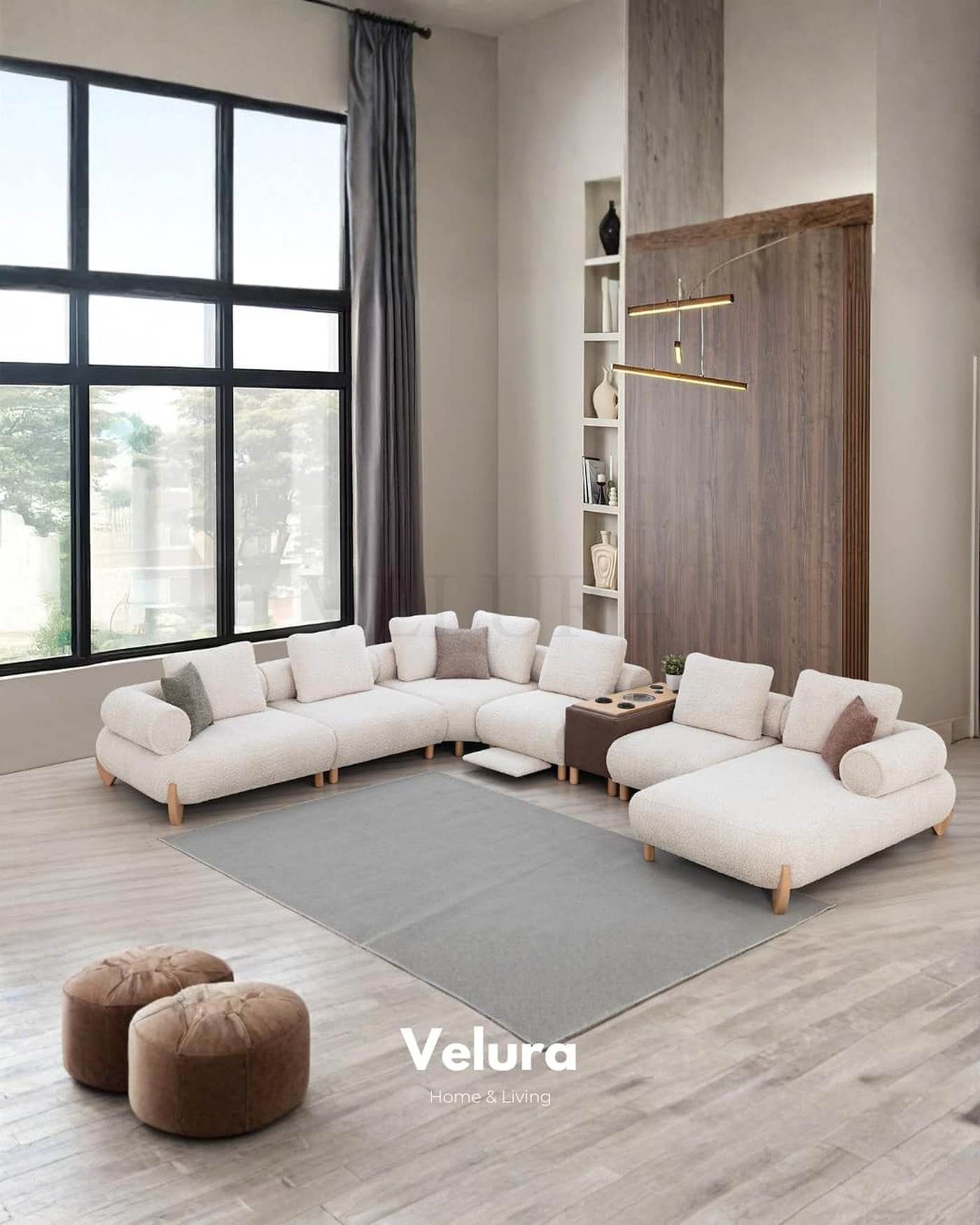 Modern köşe koltuk, L düzeni, yerden yüksek silüet