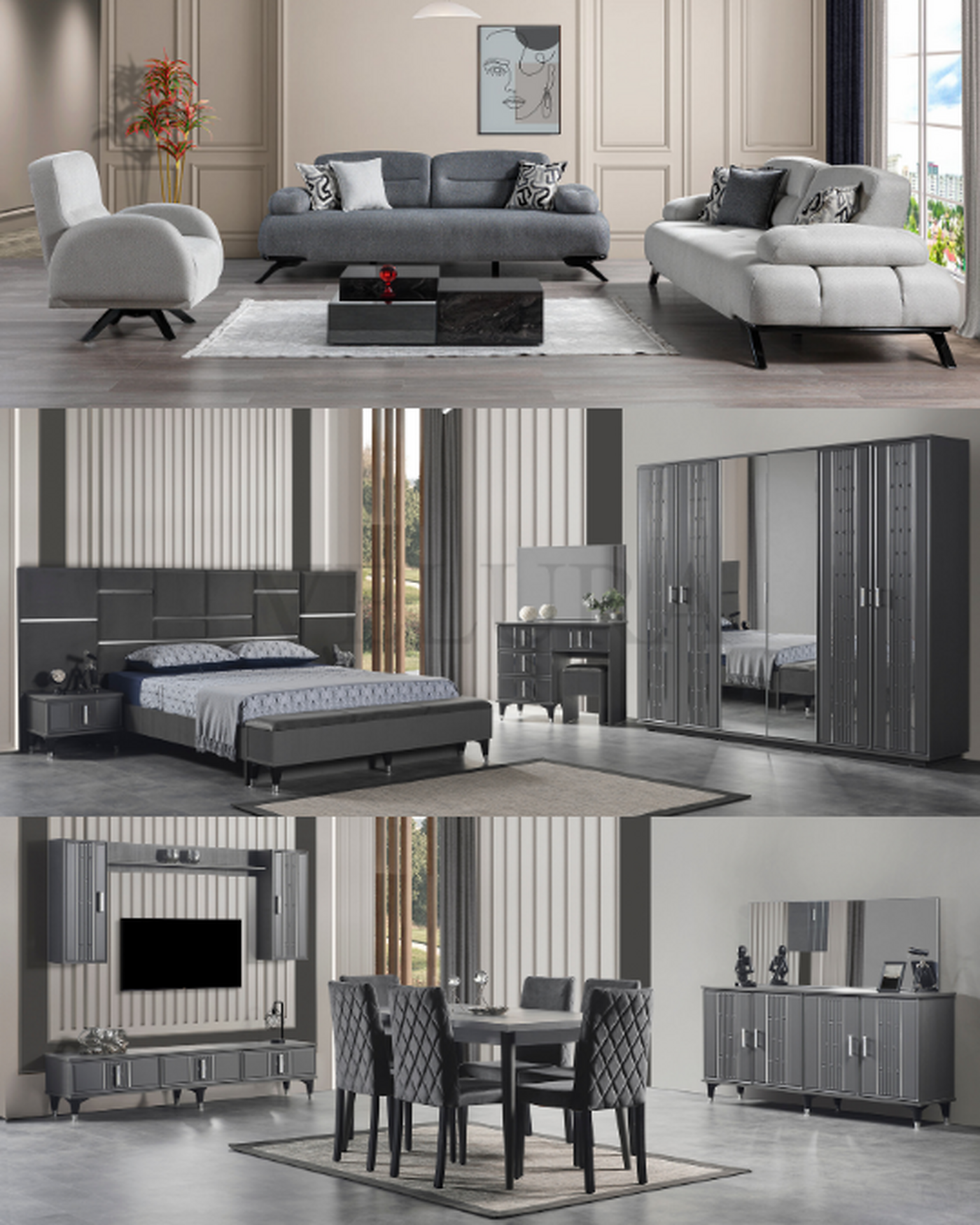 Yıldız Düğün Paketi | Modern Düğün Paketi Mobilya Takımı Yıldız Düğün Paketi koltuk, yatak ve yemek odası takımı görseli – Velura Home