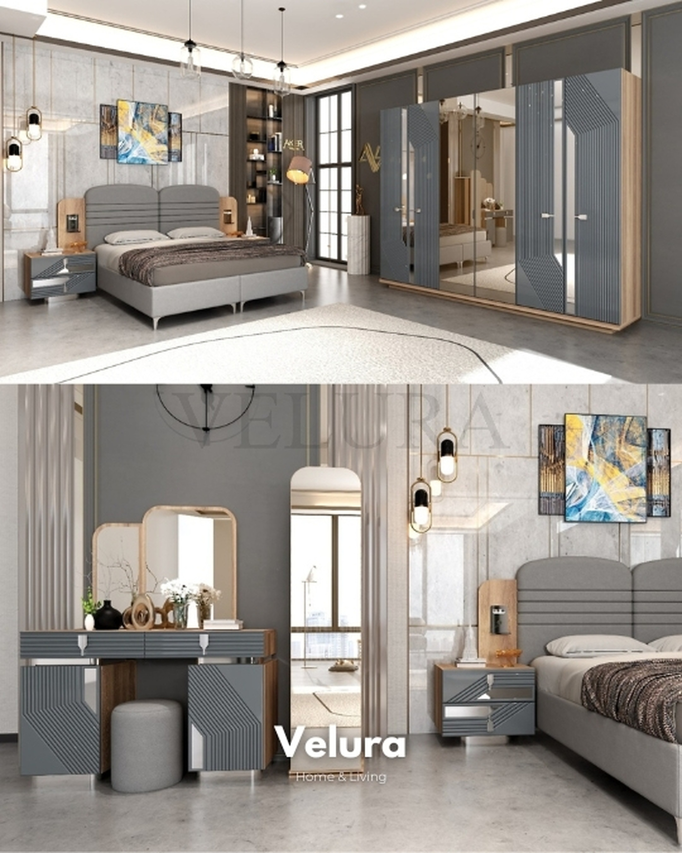 Yuvam Serisi Yatak Odası Takımı - Velura Home Modern Tasarım Yatak Odası Takımı - Ceviz Antrasit