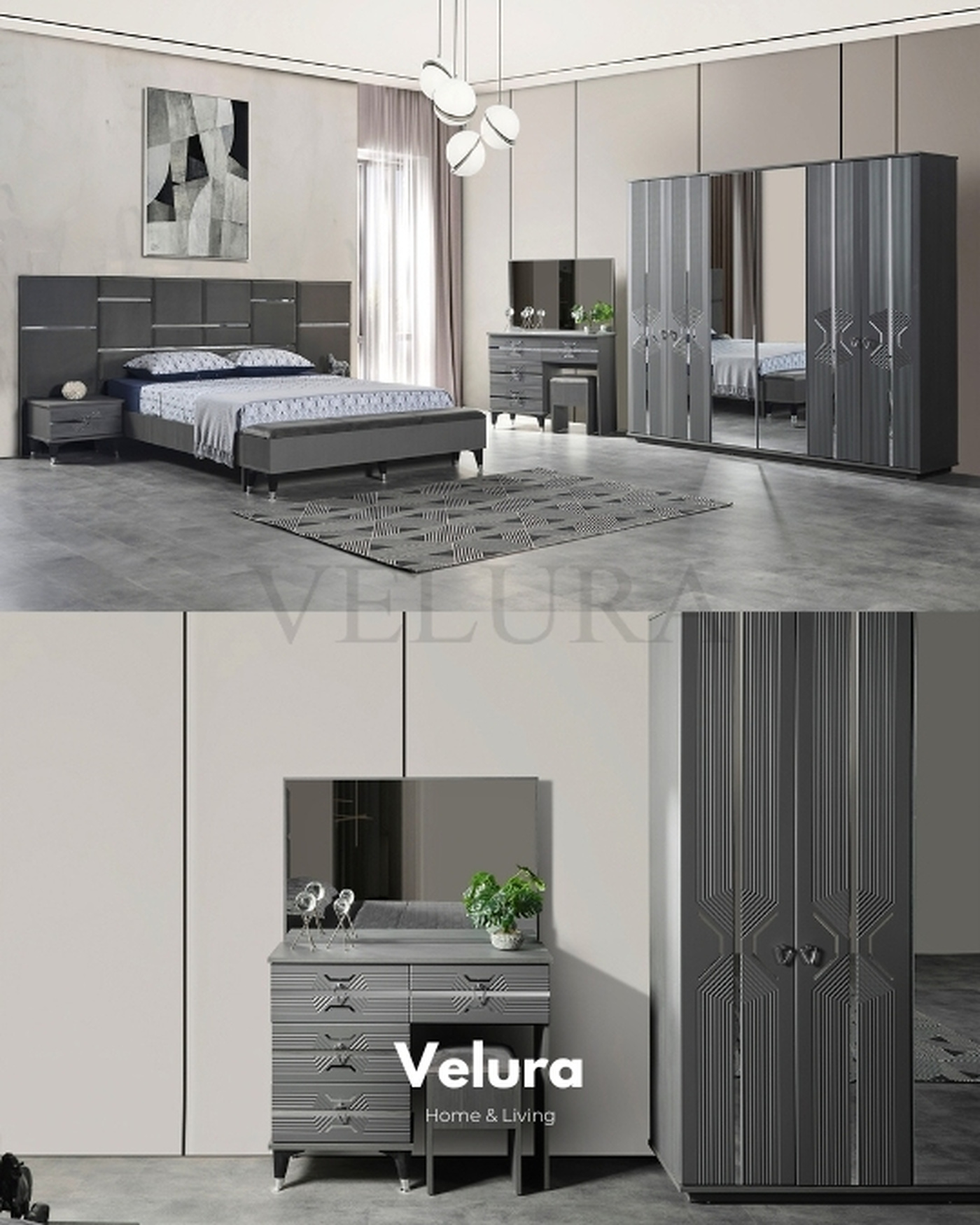 Velura Home Zümrüt Gardırop | Modern Tasarım Zümrüt 6 Kapaklı Gardırop Koyu Gri