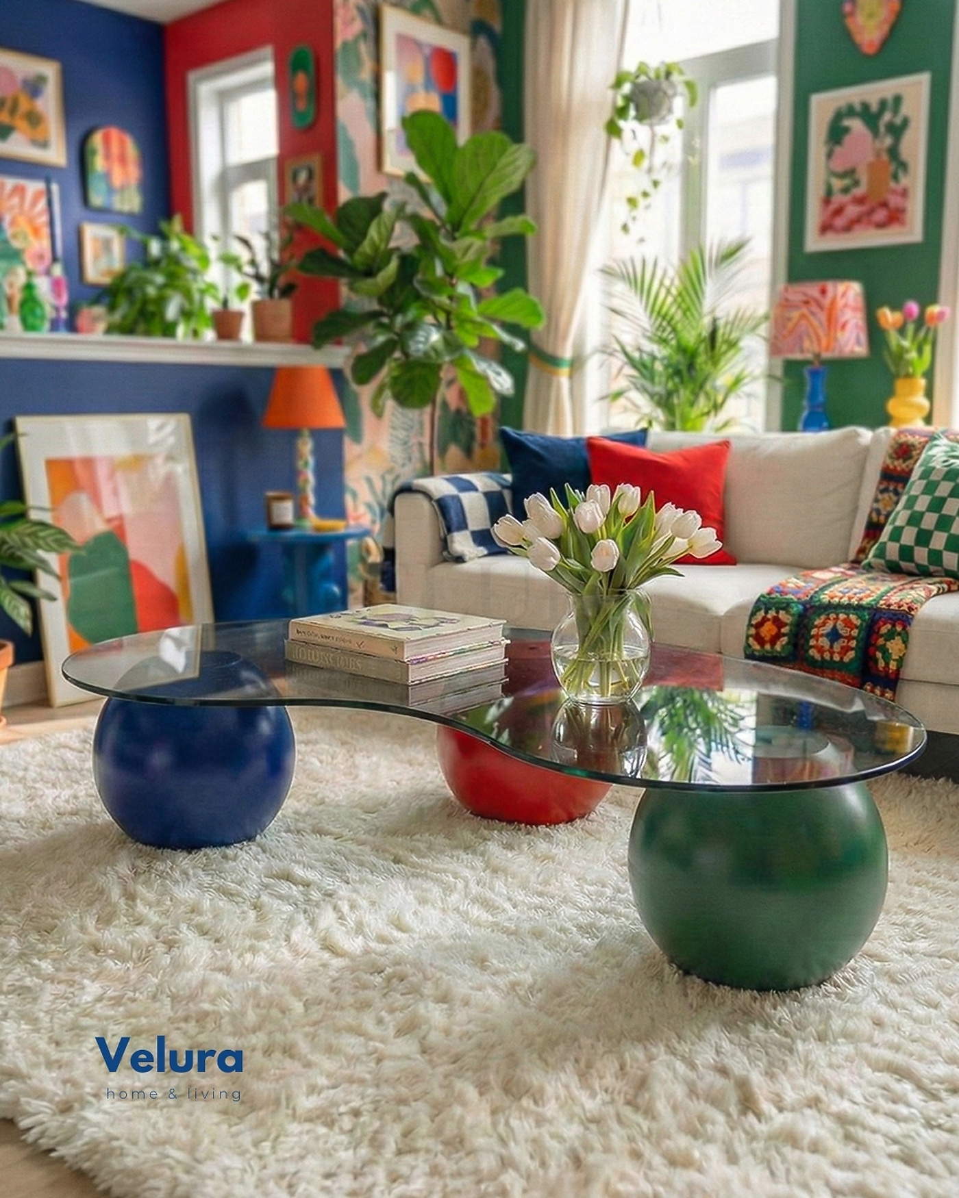 Küre Orta Sehpa yeşil kırmızı mavi top gövde ve füme cam detaylı modern orta sehpa