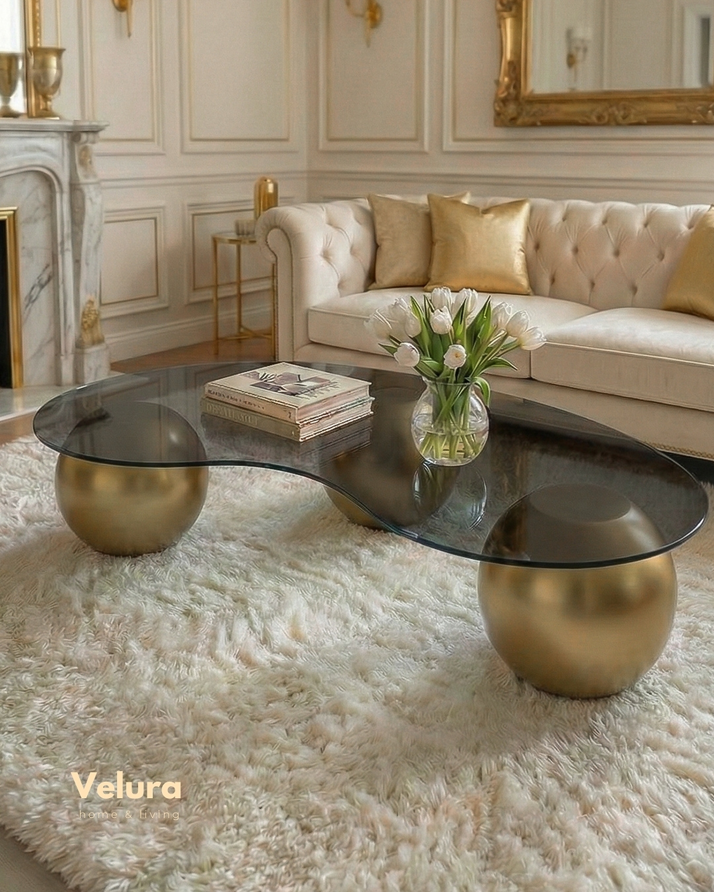 Küre Orta Sehpa gold top gövde ve füme cam detaylı modern orta sehpa