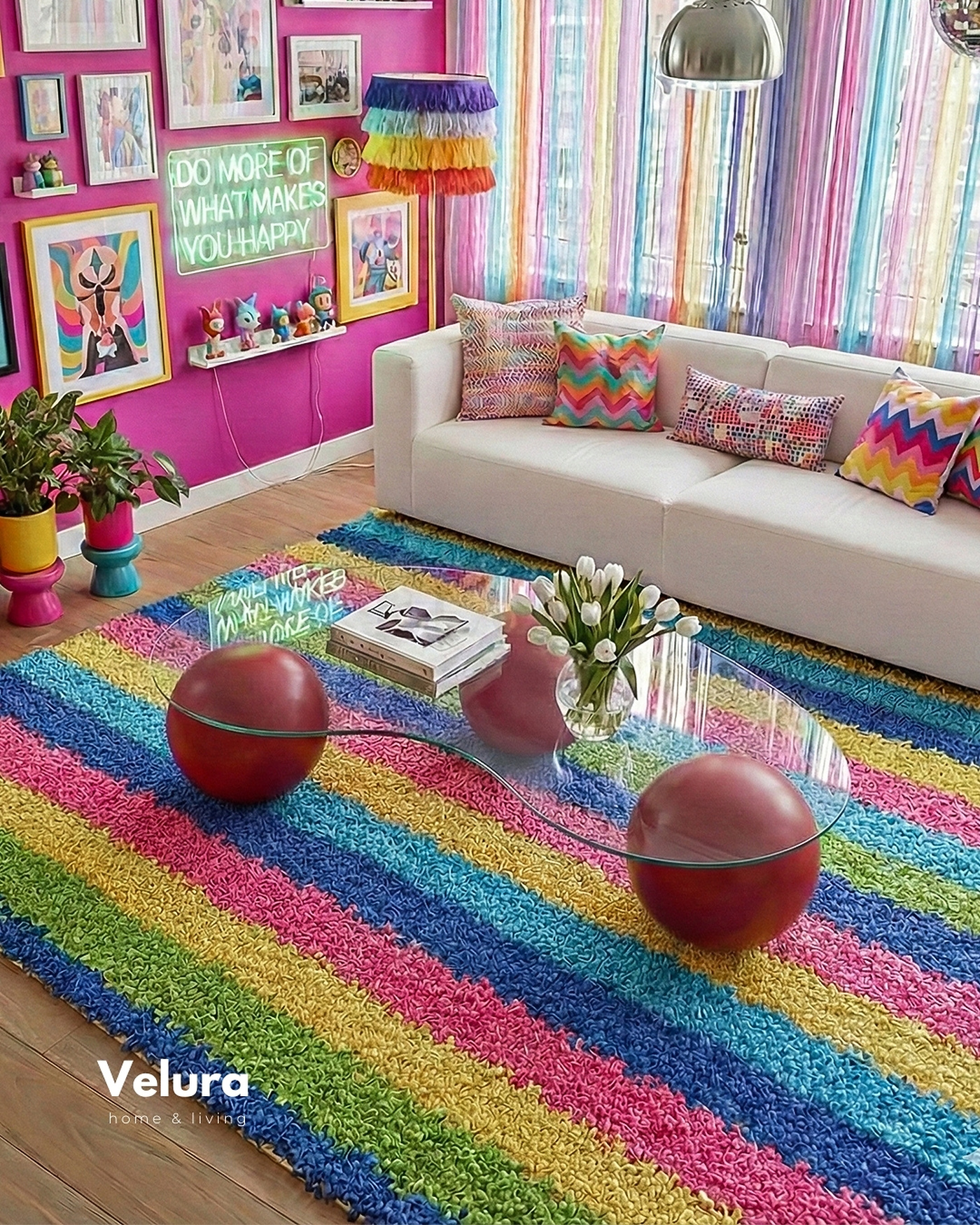 Küre Orta Sehpa kırmızı top gövde ve şeffaf cam detaylı modern orta sehpa