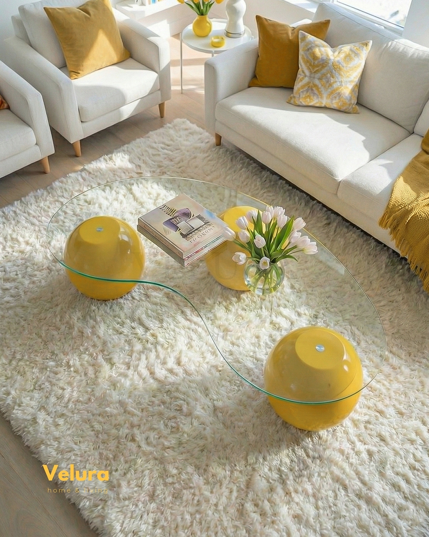 Küre Orta Sehpa - Sarı Şeffaf Camlı | Velura Home Şeffaf fasulye camlı sarı top gövdeli lüks orta sehpa modeli