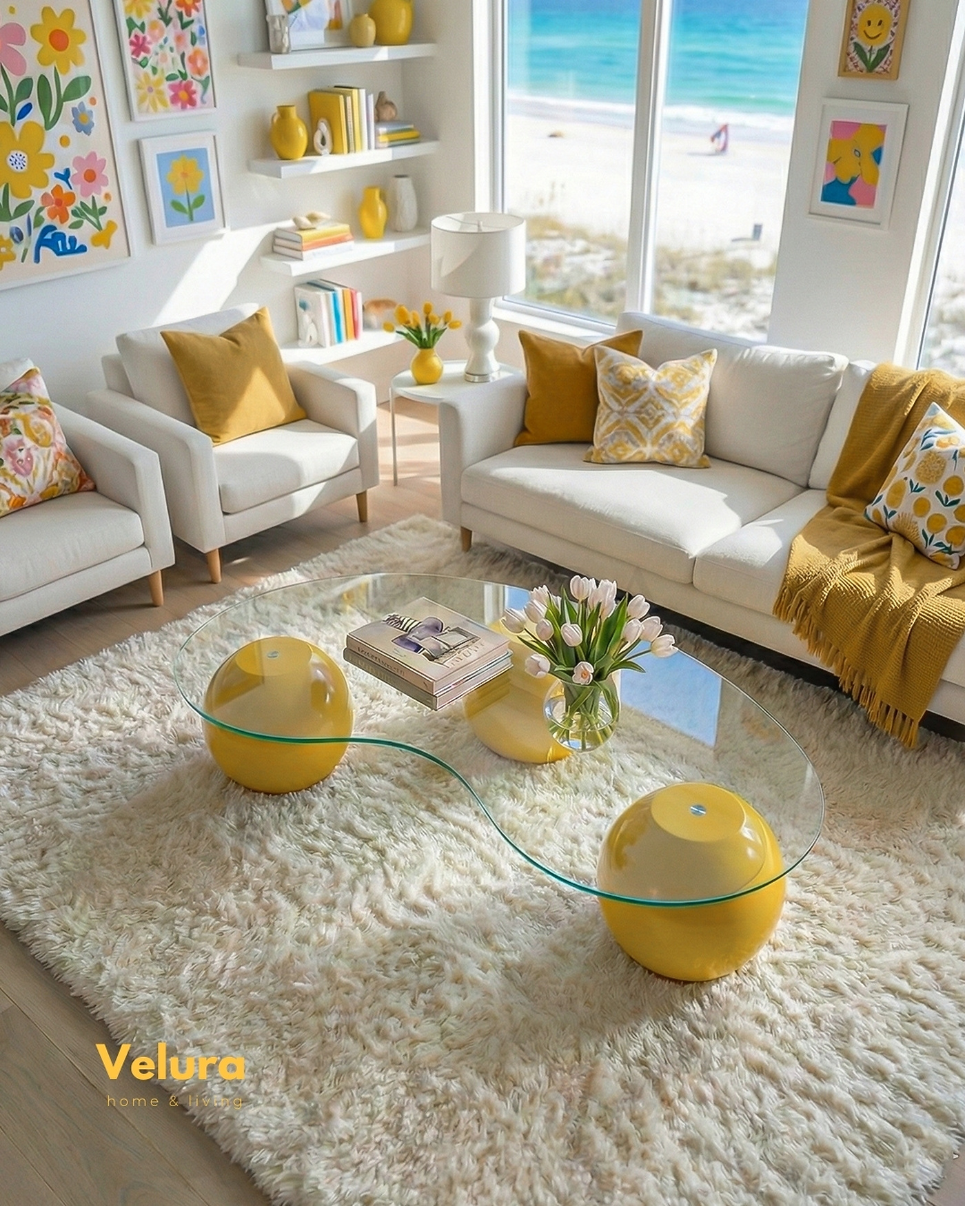 Küre Orta Sehpa - Sarı Şeffaf Camlı | Velura Home Şeffaf fasulye camlı sarı top gövdeli lüks orta sehpa modeli