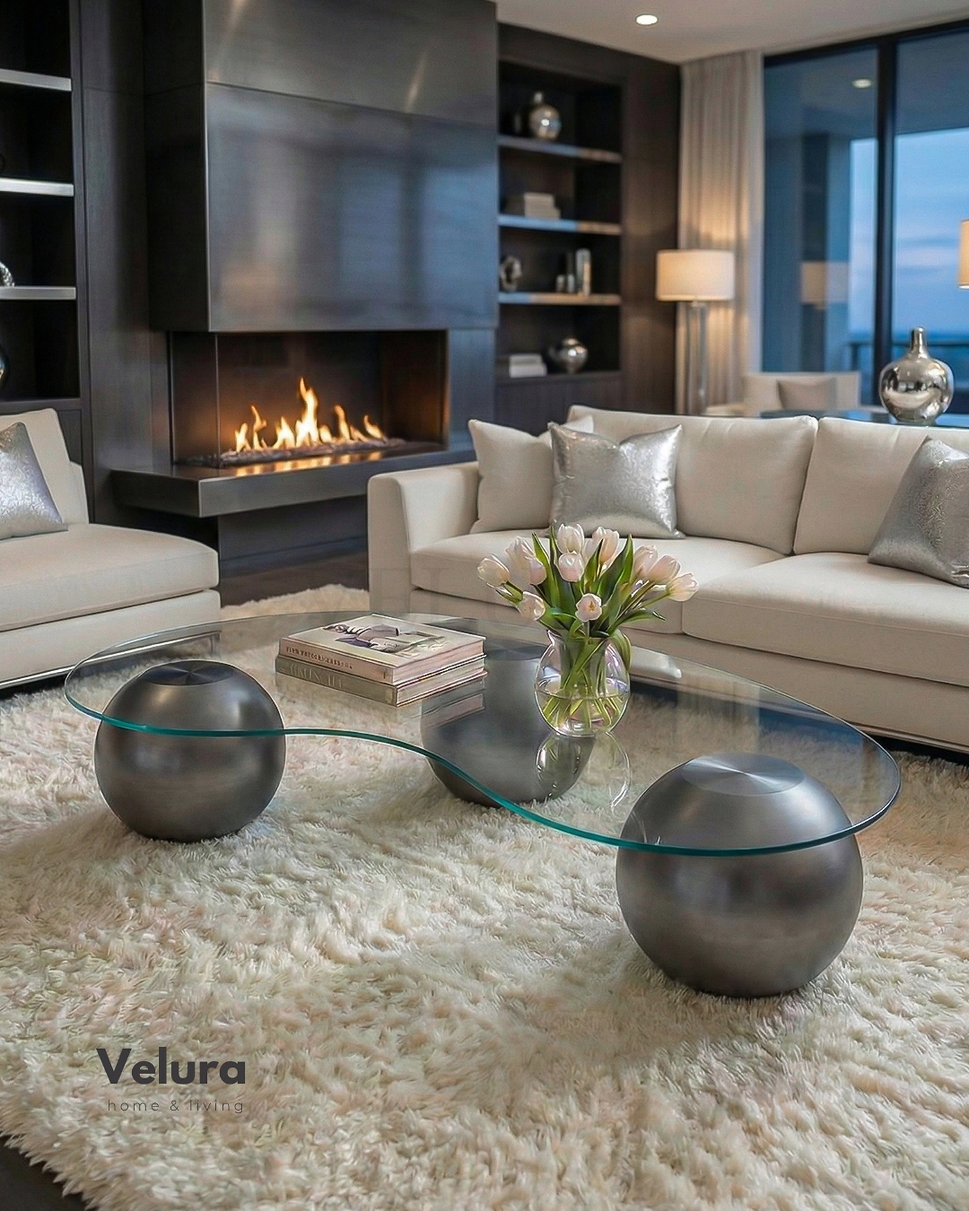 Küre Orta Sehpa - Silver Şeffaf Camlı | Velura Home Küre Orta Sehpa silver top gövde ve şeffaf cam detaylı modern orta sehpa