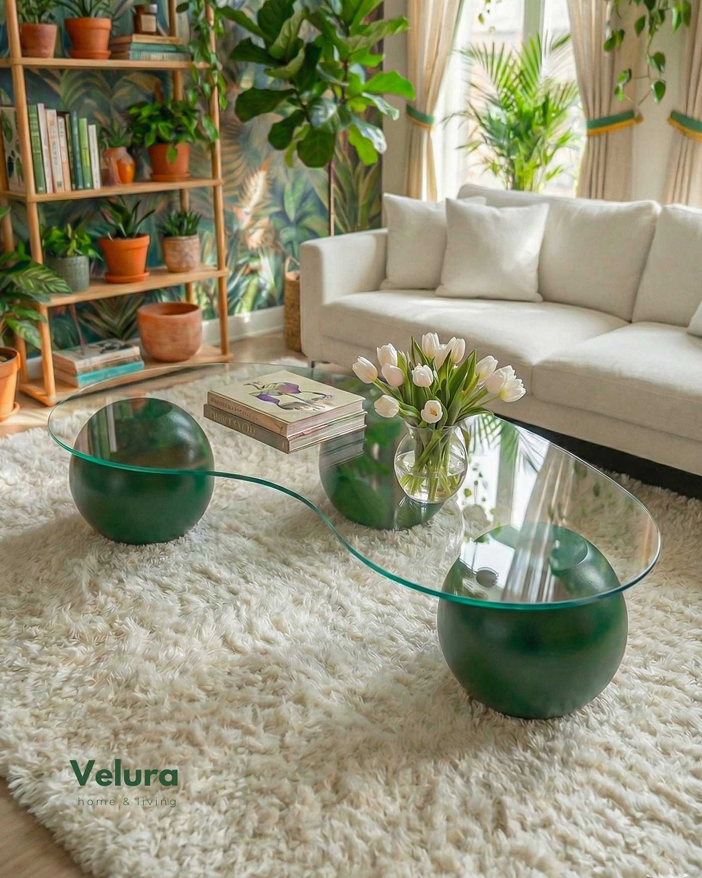 Velura Home Küre Orta Sehpa Yeşil renk şeffaf camlı salon orta sehpası