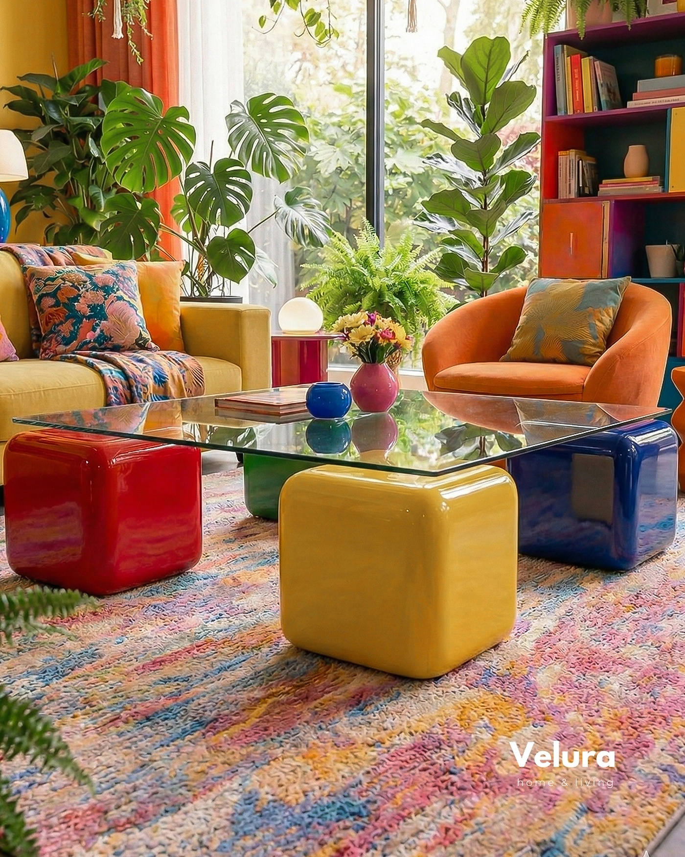 Küre Orta Sehpa - 4 Zar Renkli Kare Şeffaf Cam | Velura Home Kare şeffaf camlı sarı yeşil kırmızı mavi zar gövdeli orta sehpa modeli