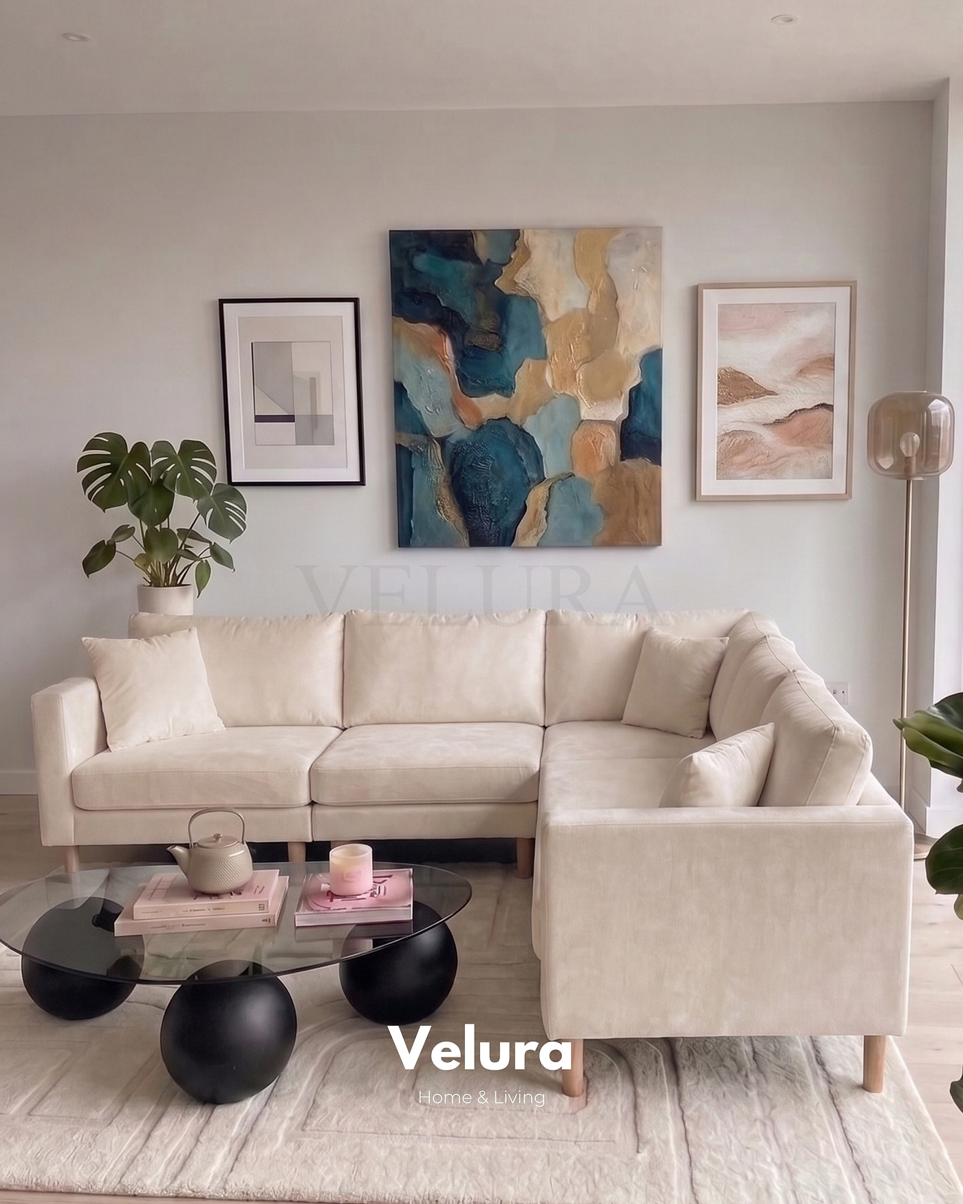 Krem kadife Armin köşe takımı 250 x 250 cm geniş oturumlu model