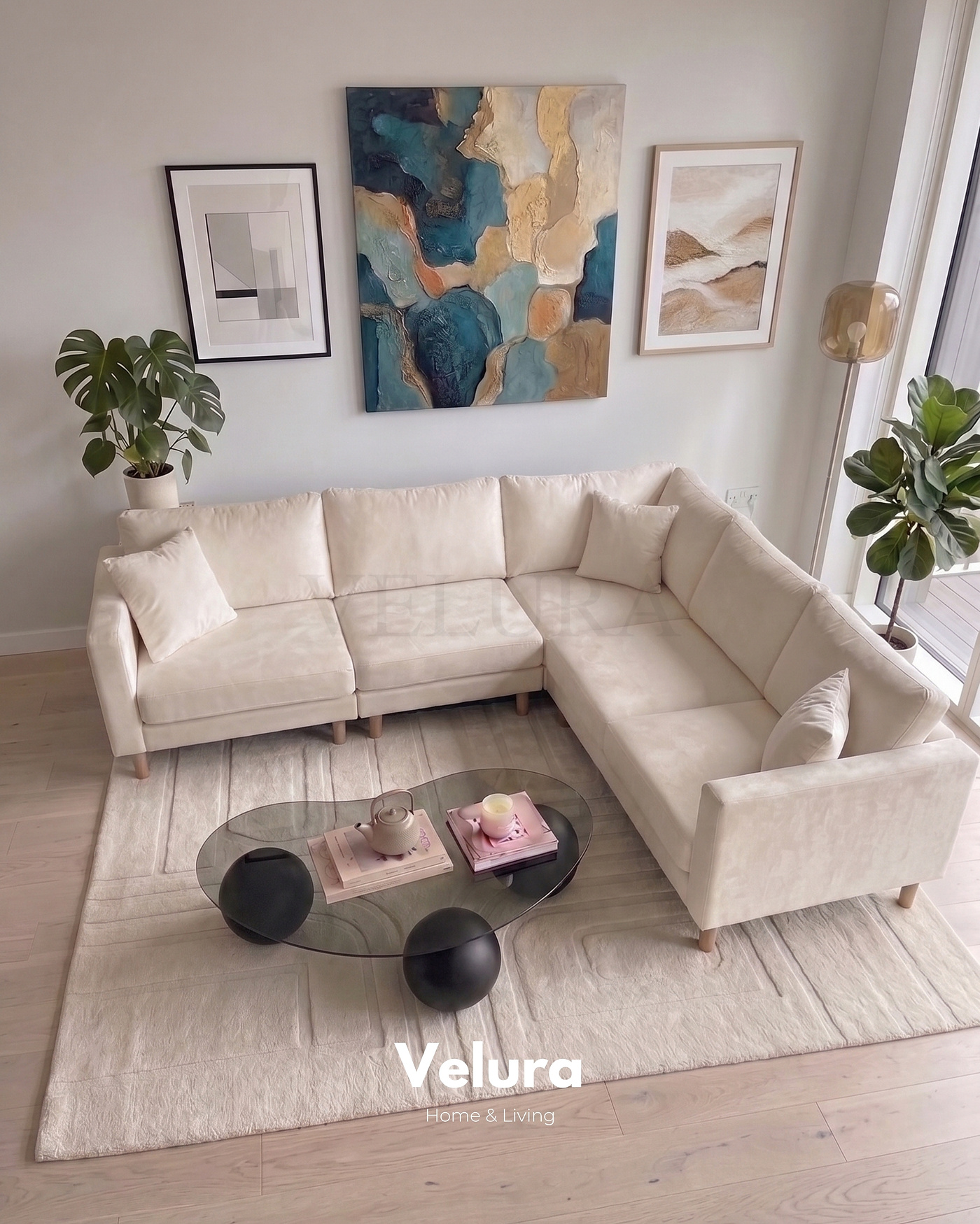 Krem kadife Armin köşe takımı 250 x 250 cm geniş oturumlu model
