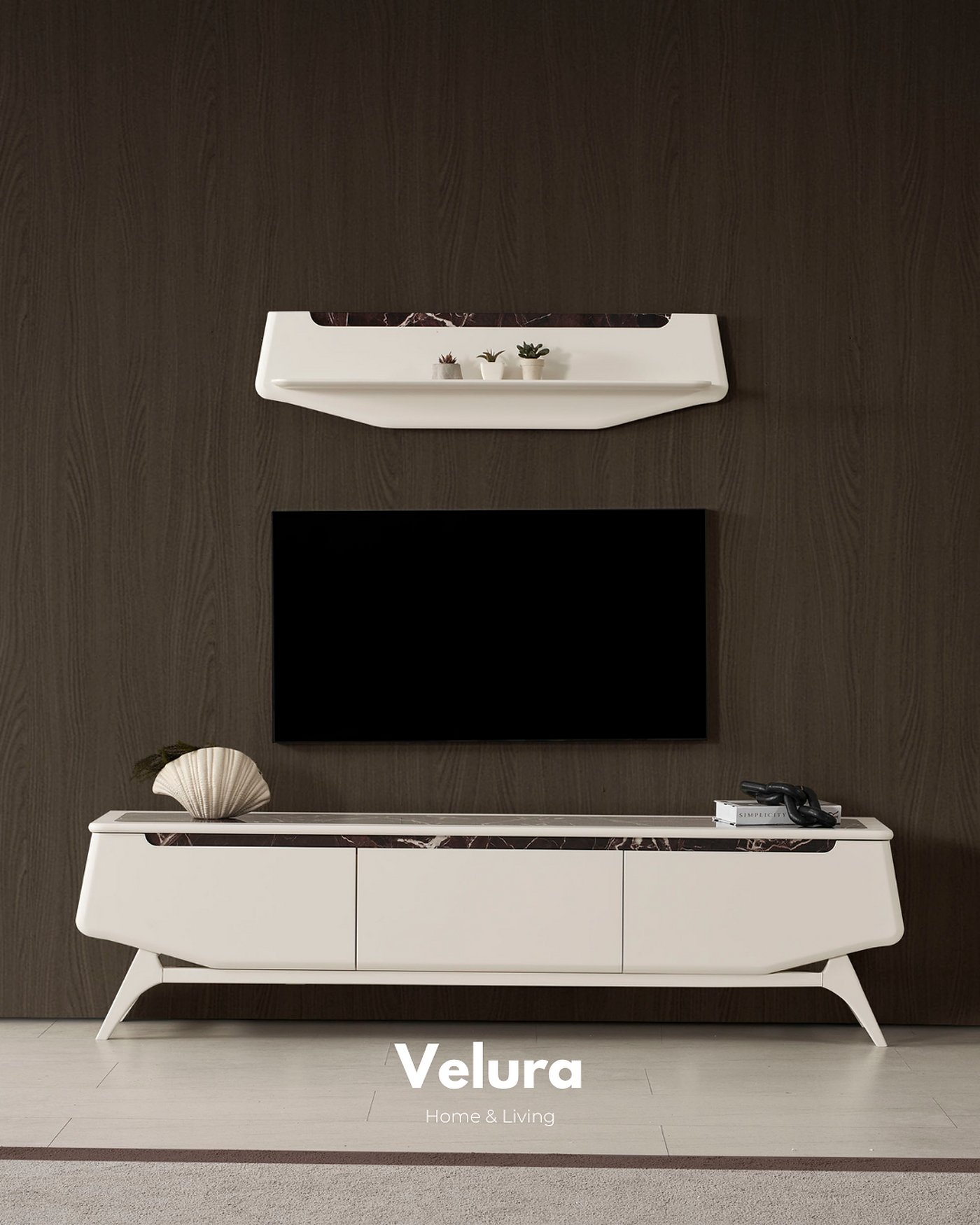 Balat Tv Ünitesi krem renkli seramik detaylı modern tv ünitesi