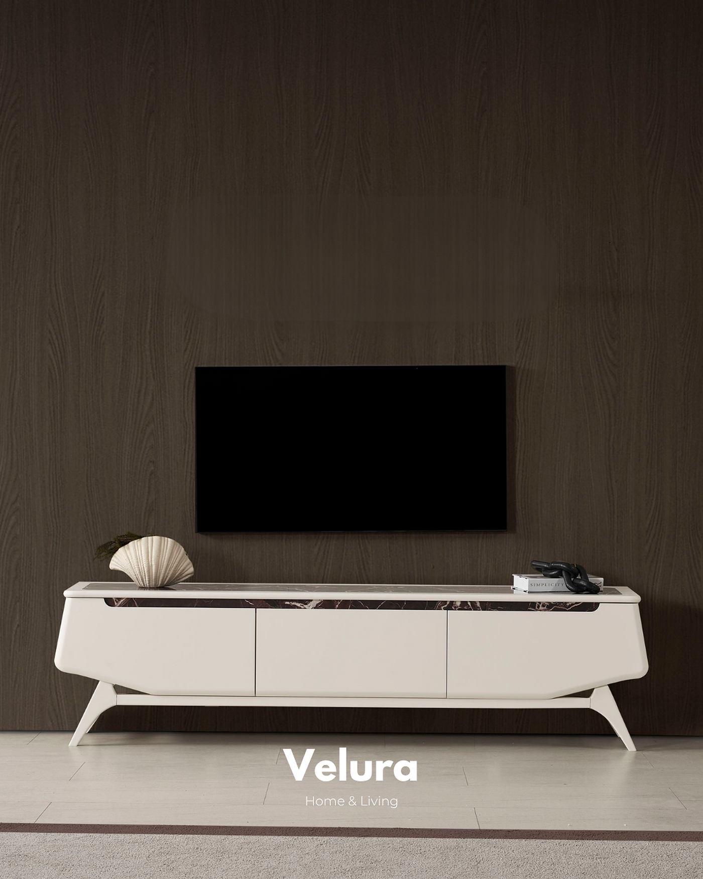 Balat Tv Ünitesi krem renkli seramik detaylı modern tv ünitesi