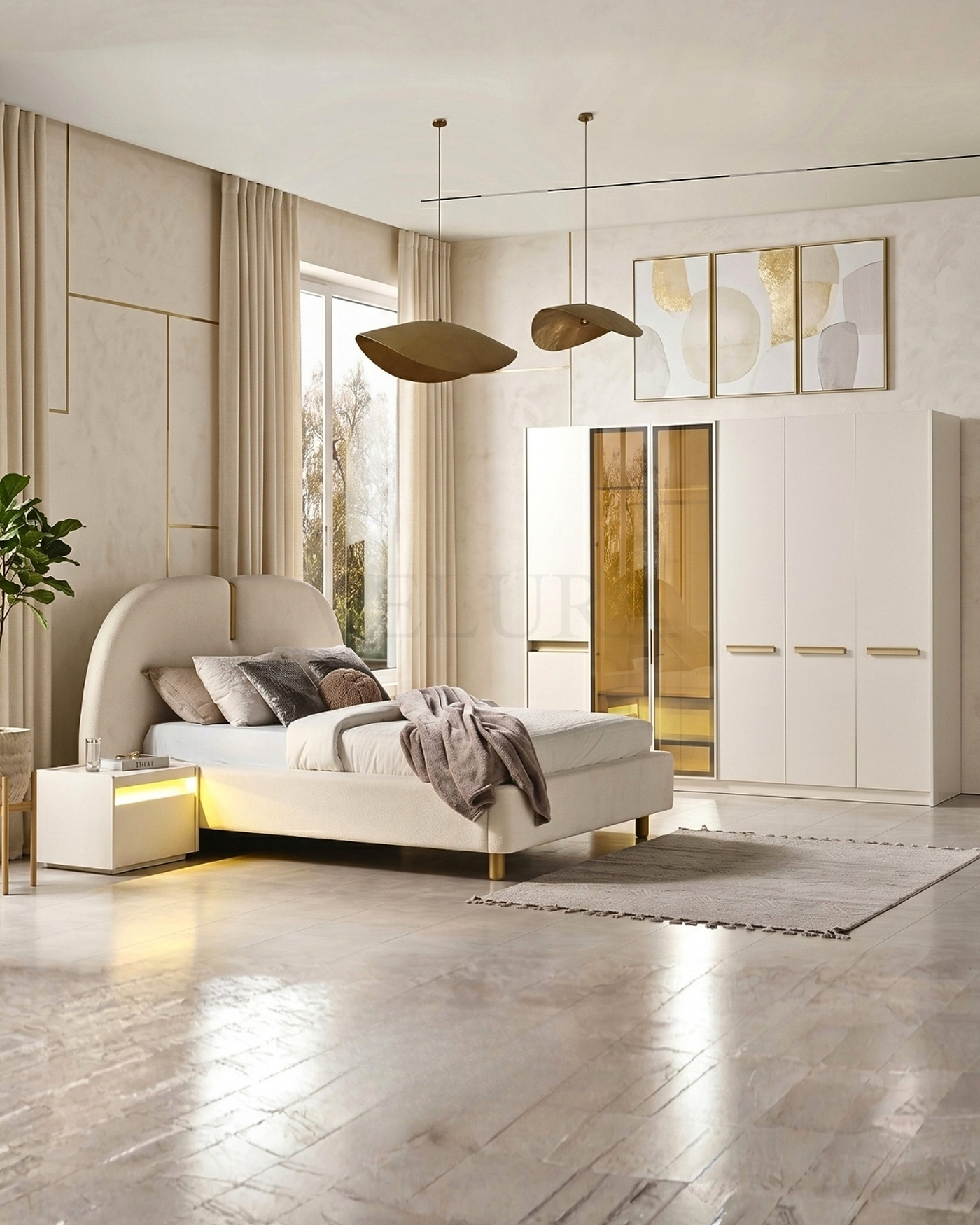 Bern Yatak Odası Takımı - 6 Kapaklı Dolap (Reflektif) Krem modern Bern yatak odası takımı reflektif dolaplı set görünümü