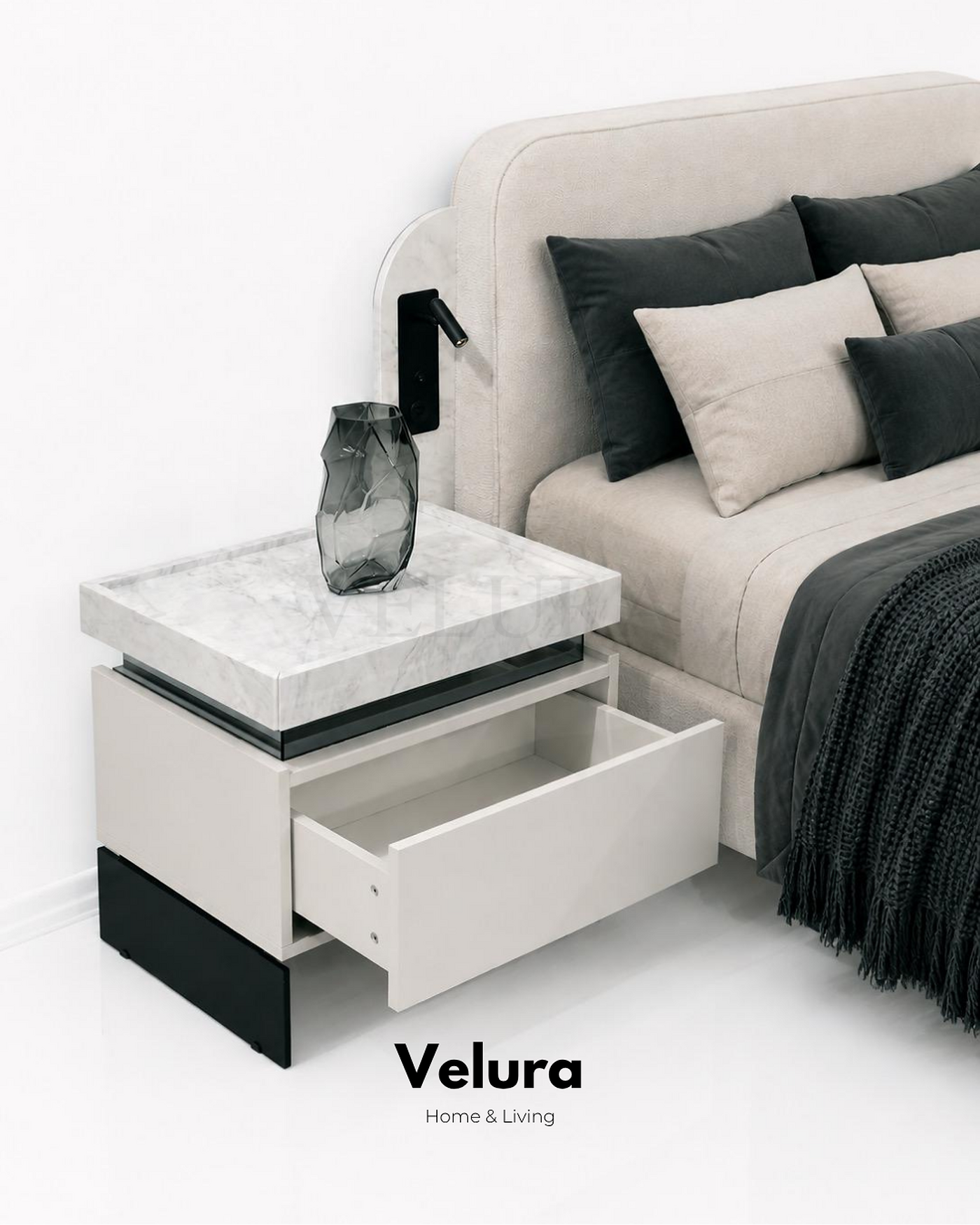 Bony karyola kırık beyaz gövdeli bazalı modern yatak odası karyolası