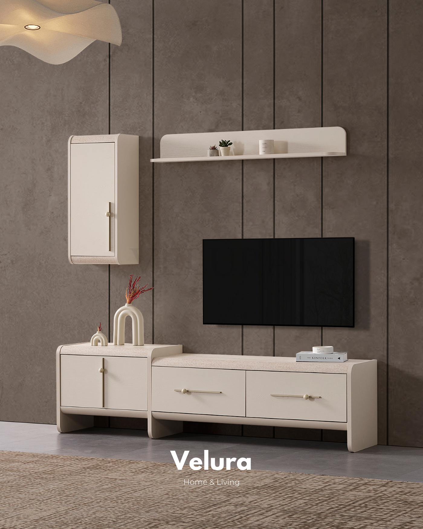 Defne Tv Ünitesi Krem traverten desenli modern tv ünitesi
