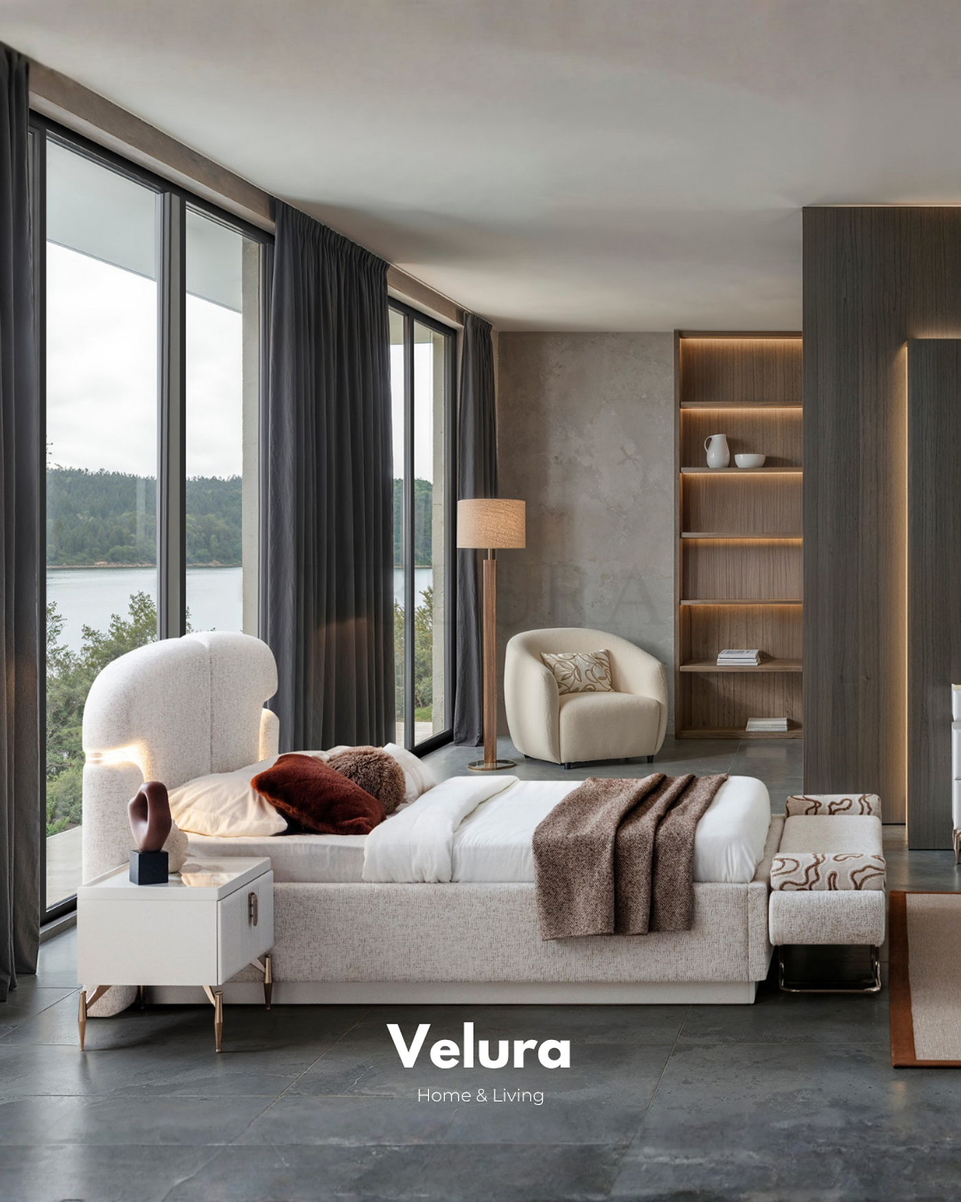 Felix kırık beyaz bazalı karyola LED başlıklı yatak odası modeli