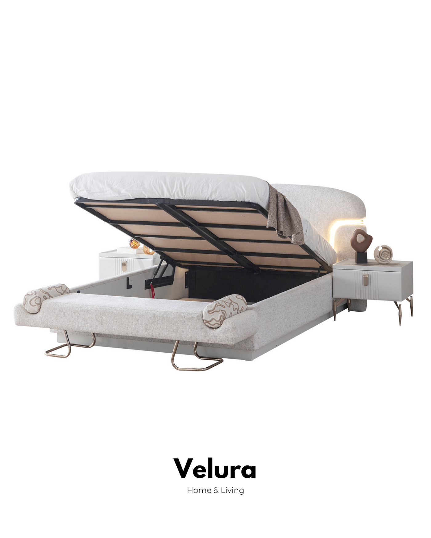 Felix kırık beyaz bazalı karyola LED başlıklı yatak odası modeli