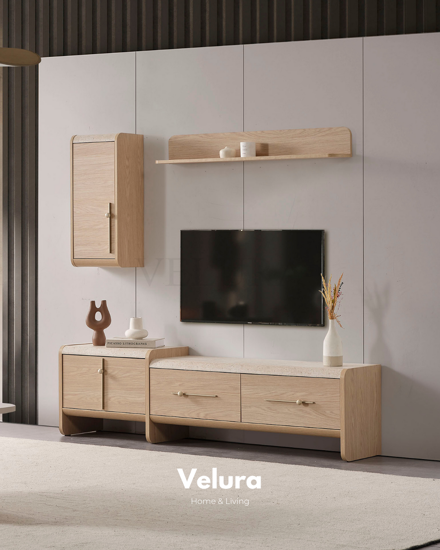 Defne Tv Ünitesi Natural Meşe traverten desenli modern tv ünitesi