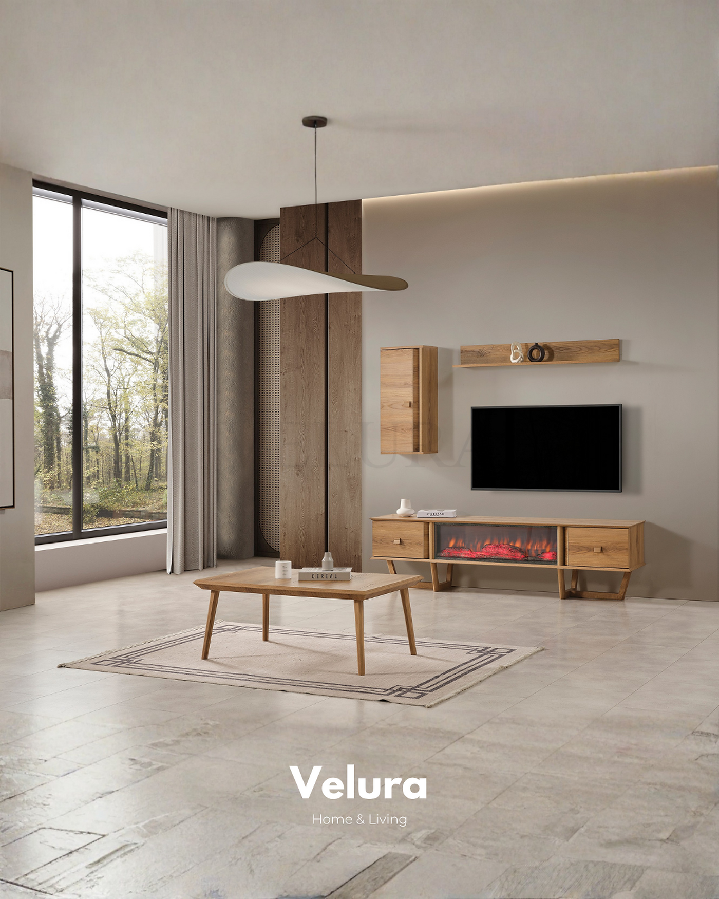 Kolezyum Tv Ünitesi Naturel şömine seçenekli modern tv ünitesi