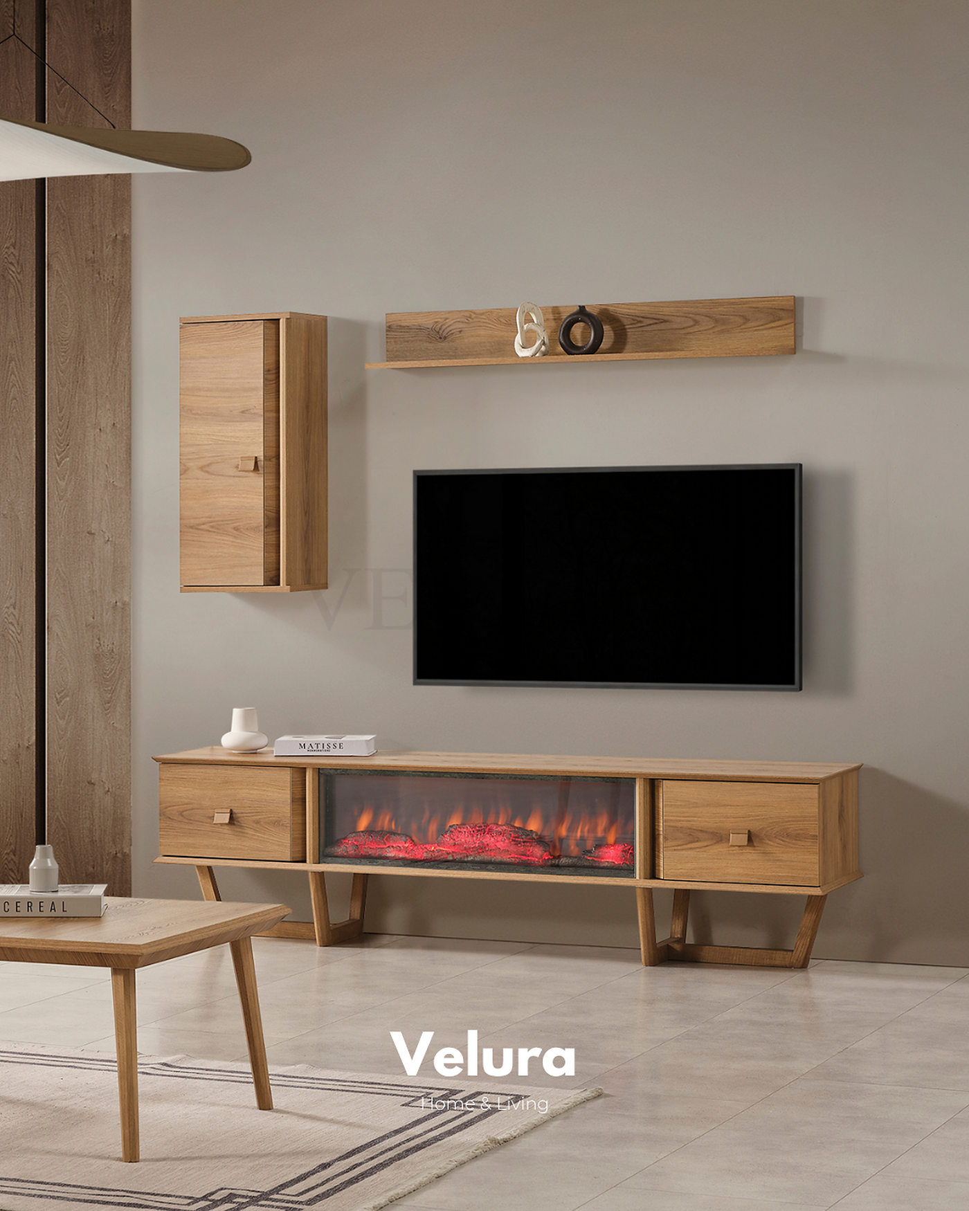 Kolezyum Tv Ünitesi Naturel şömine seçenekli modern tv ünitesi
