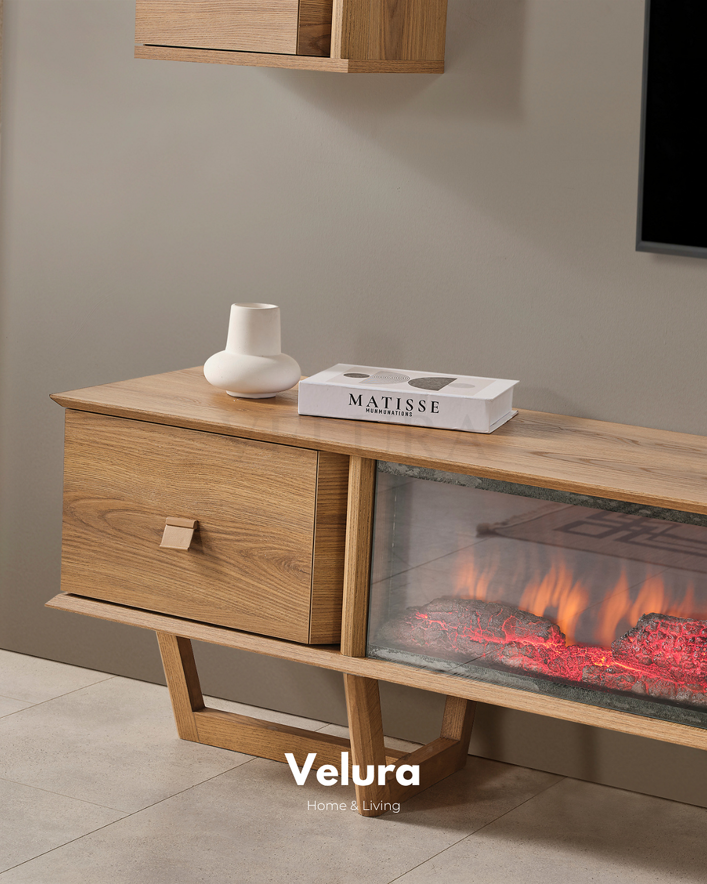 Kolezyum Tv Ünitesi Naturel şömine seçenekli modern tv ünitesi