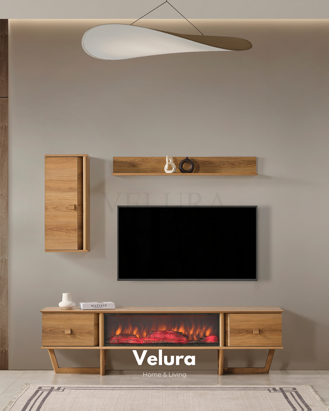 Kolezyum Tv Ünitesi Naturel şömine seçenekli modern tv ünitesi