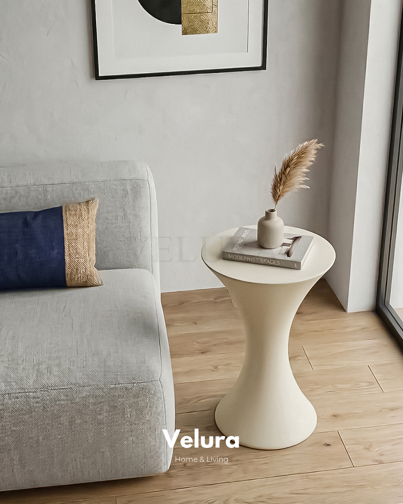 Velura Home Dante Yan Sehpa Krem yuvarlak tablalı modern poliüretan sehpa