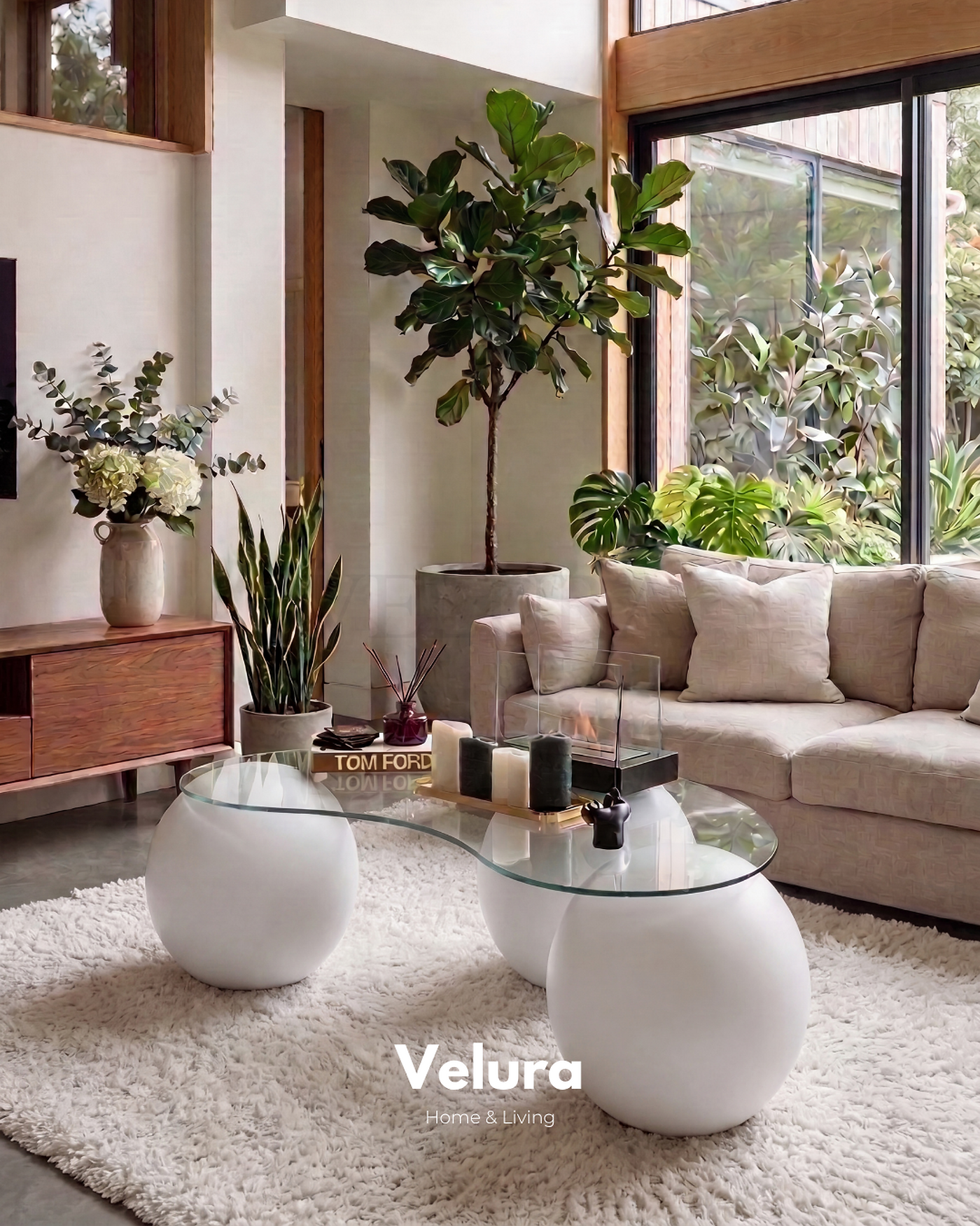 Velura Home beyaz camlı sehpa