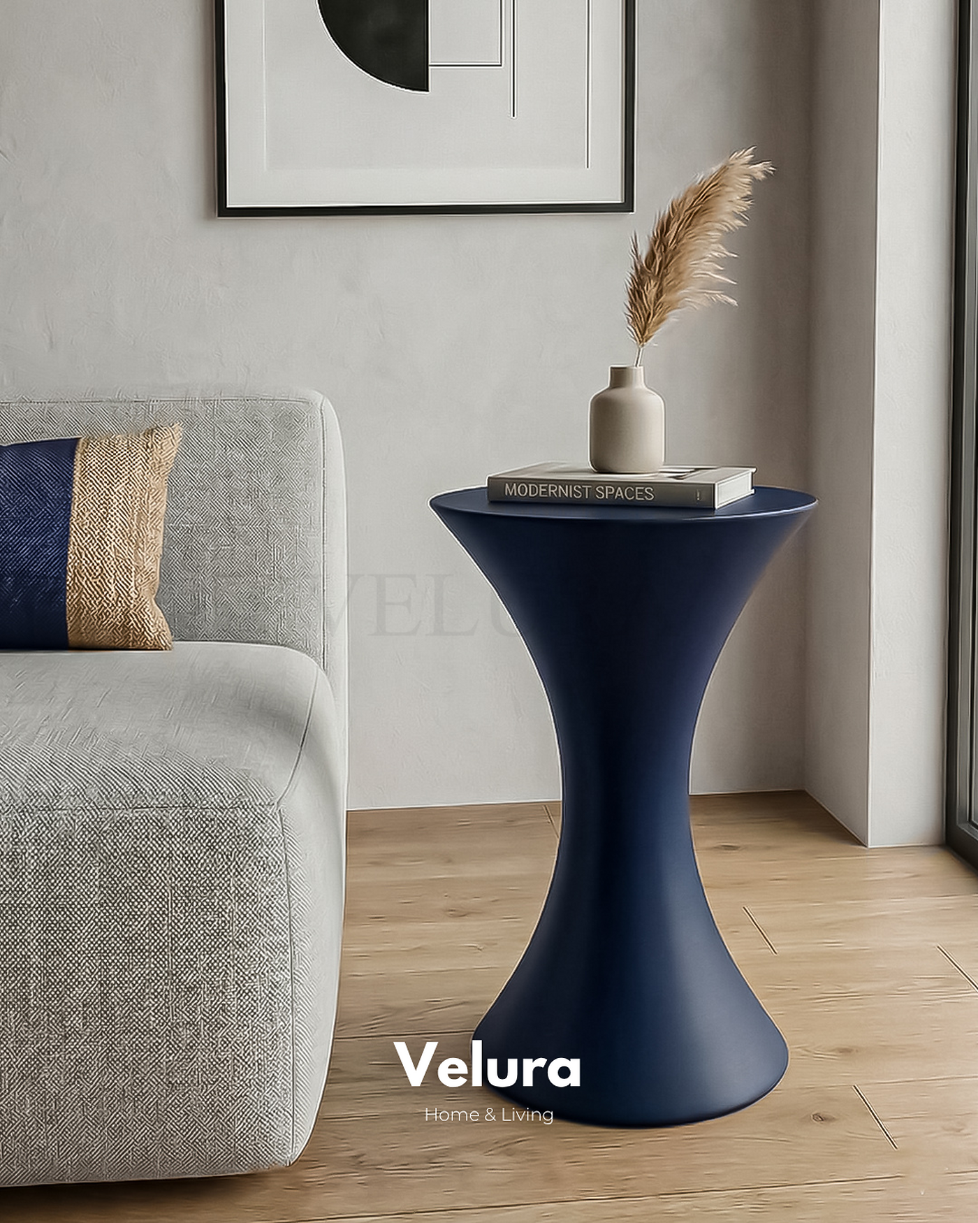 Lacivert renkli Dante Yan Sehpa oval gövde formuyla salon dekorasyonu için sehpa