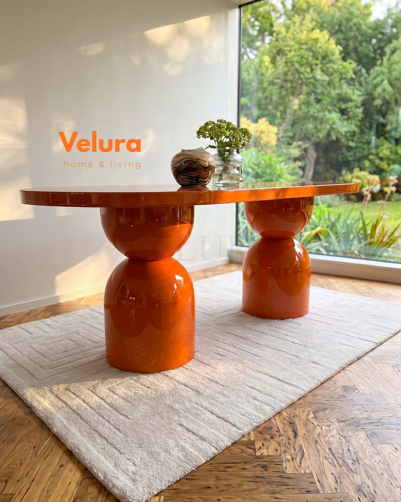 Lura turuncu yemek masası oval tabla ve dekoratif ayak formu