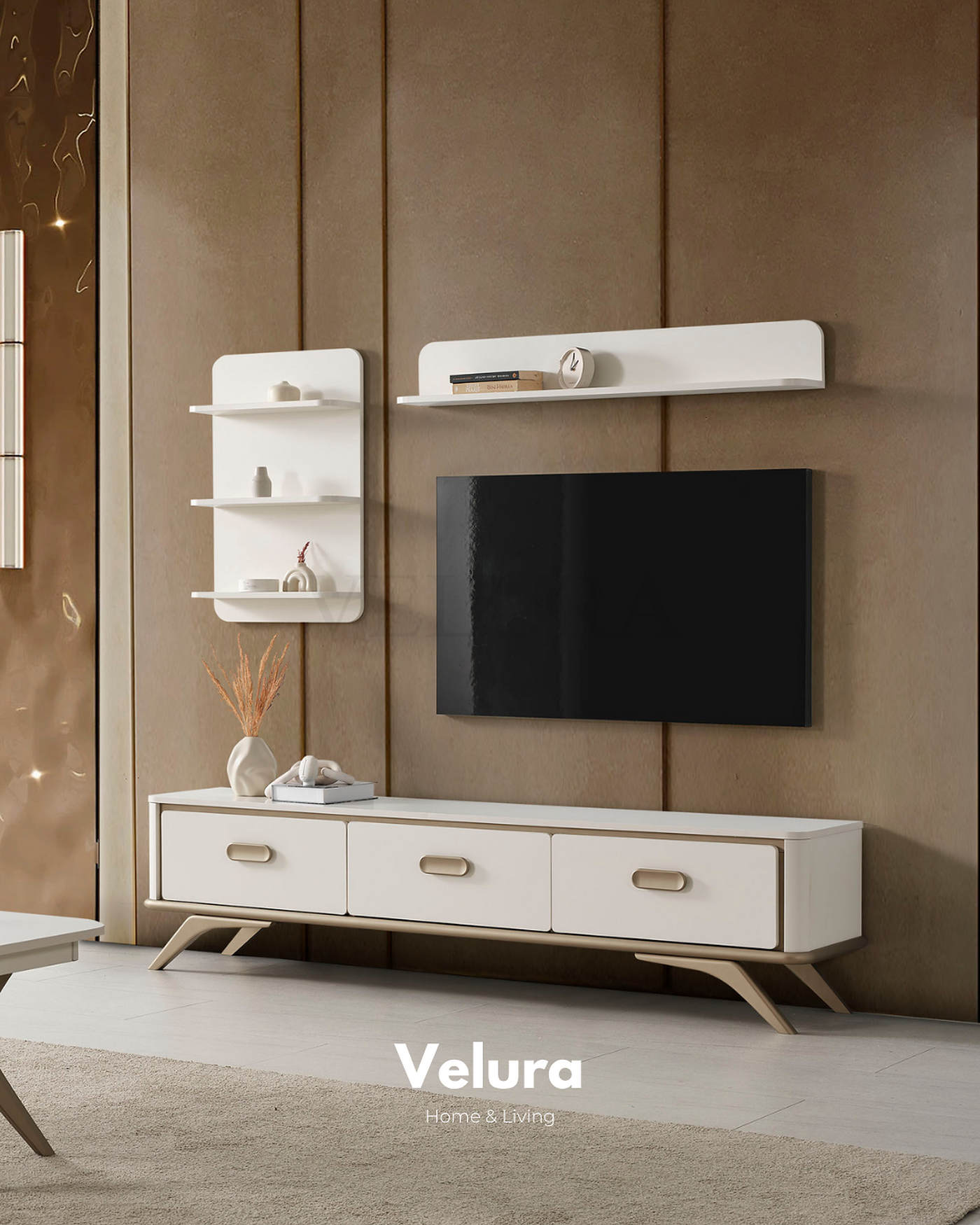 Nova Tv Ünitesi Krem gold detaylı modern salon tv ünitesi