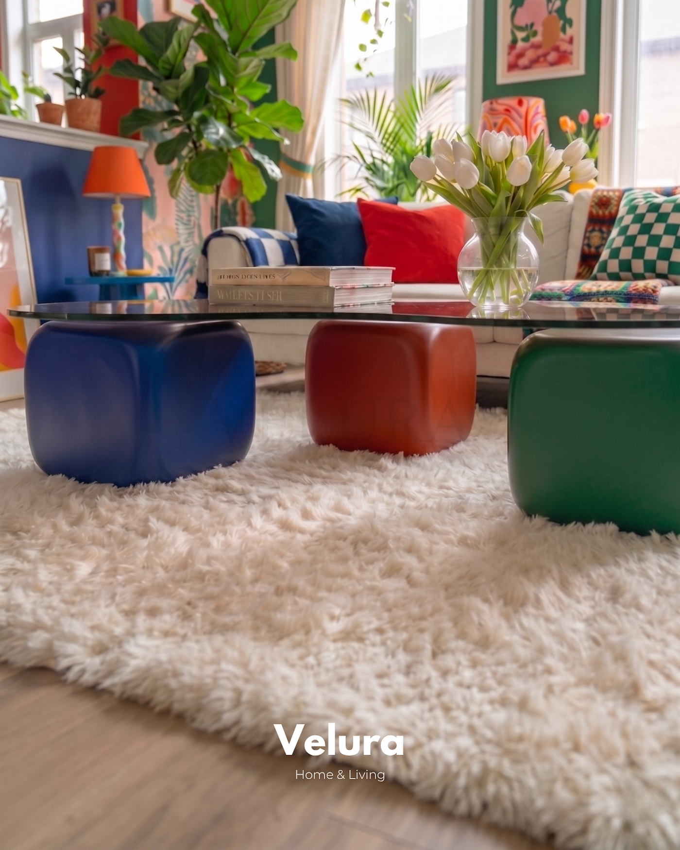 Küre Orta Sehpa 3 zar renkli gövde ve kare füme cam detaylı modern orta sehpa