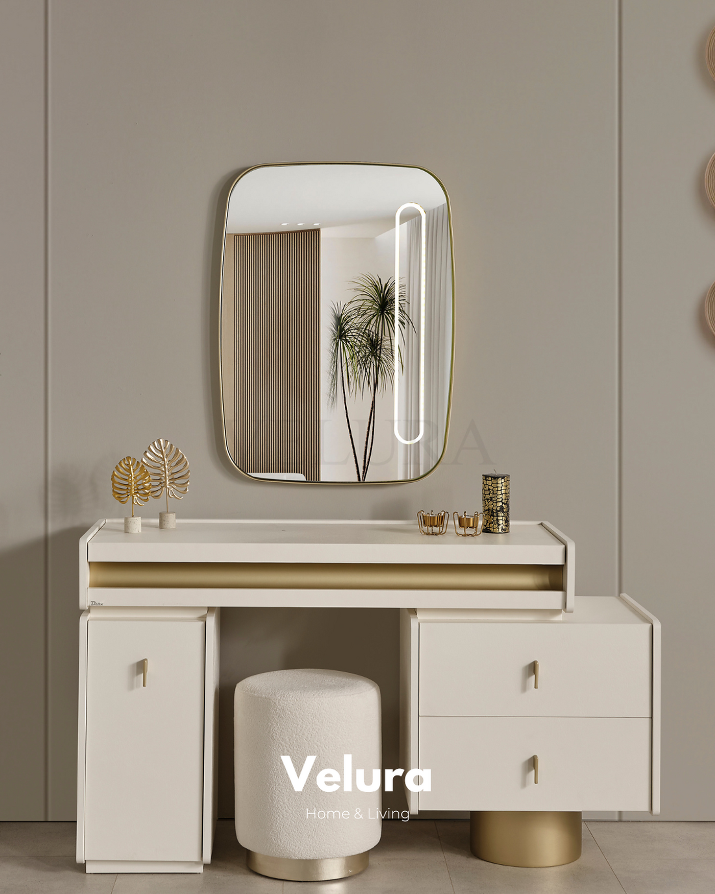 Krem modern Bern yatak odası takımı reflektif dolaplı set görünümü
