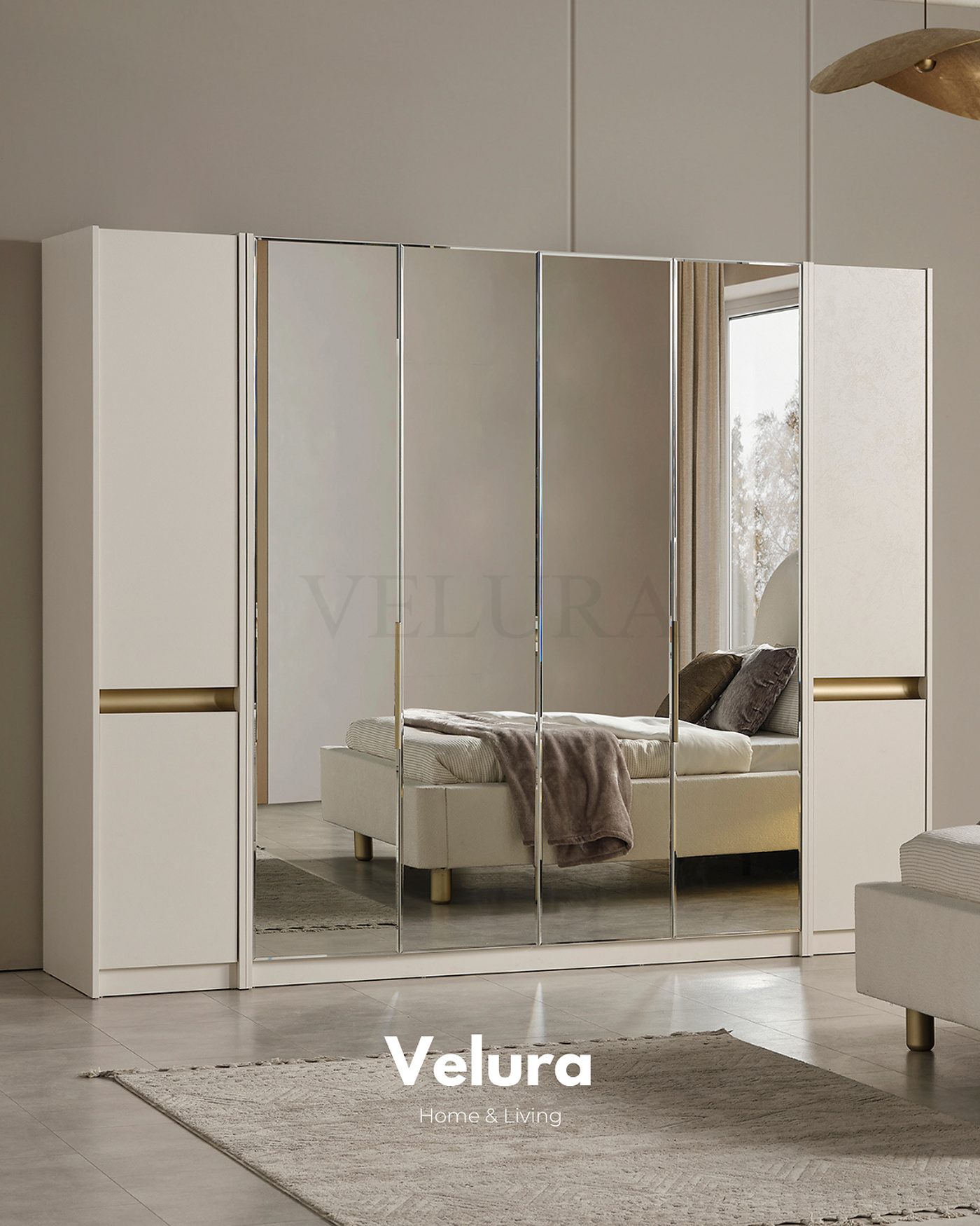 Krem modern Bern yatak odası takımı aynalı dolaplı set görünümü