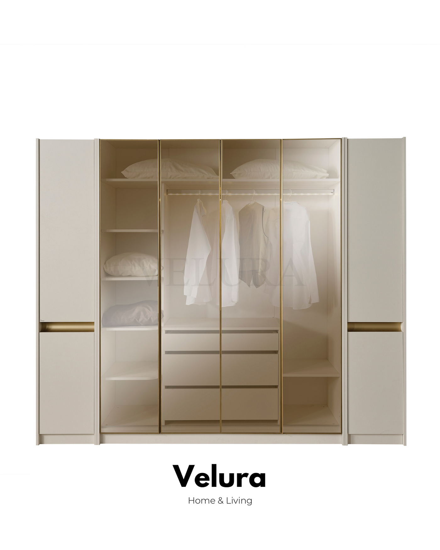 Krem modern Bern yatak odası takımı reflektif dolaplı set görünümü