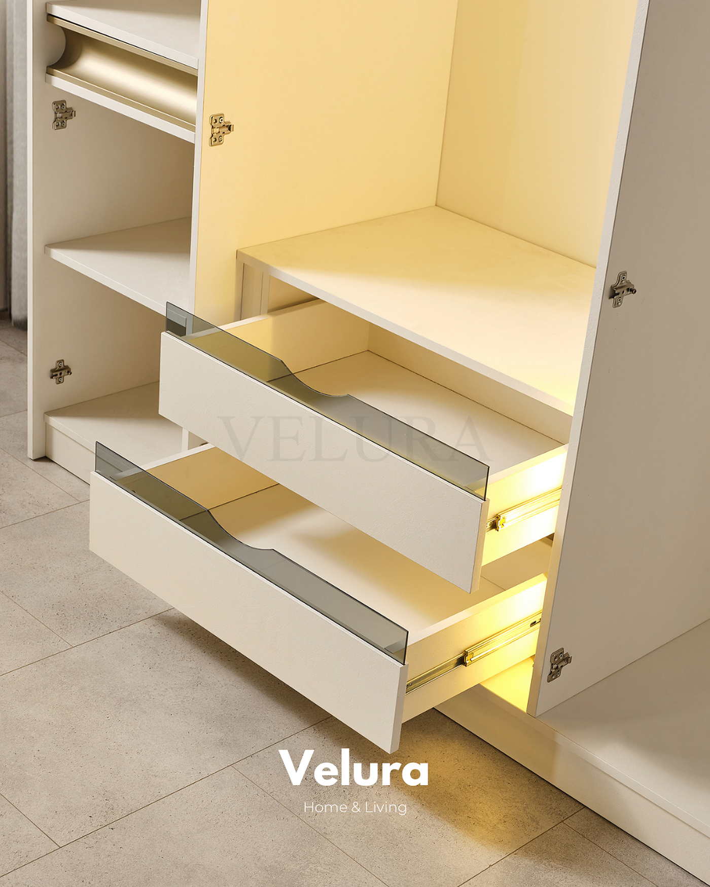 Velura Home Bern 6 kapaklı dolap krem renk reflektif cam detaylı