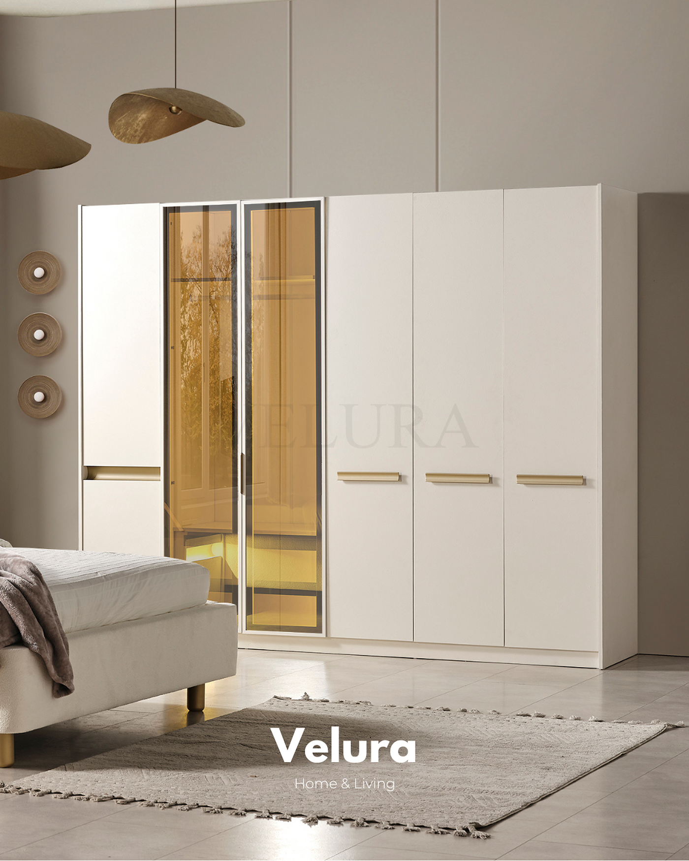 Velura Home Bern 6 kapaklı dolap krem renk reflektif cam detaylı