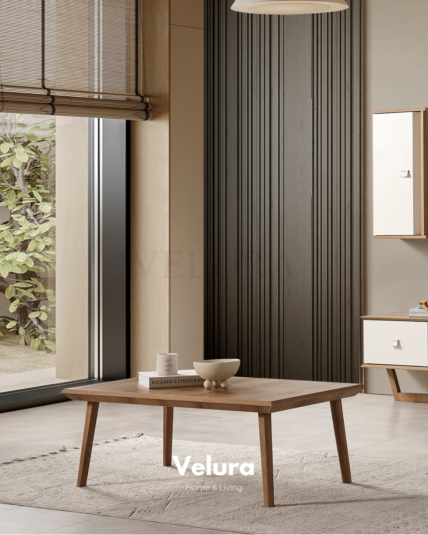 Kolezyum Orta Sehpa Krem ve Naturel ahşap ayaklı modern sehpa