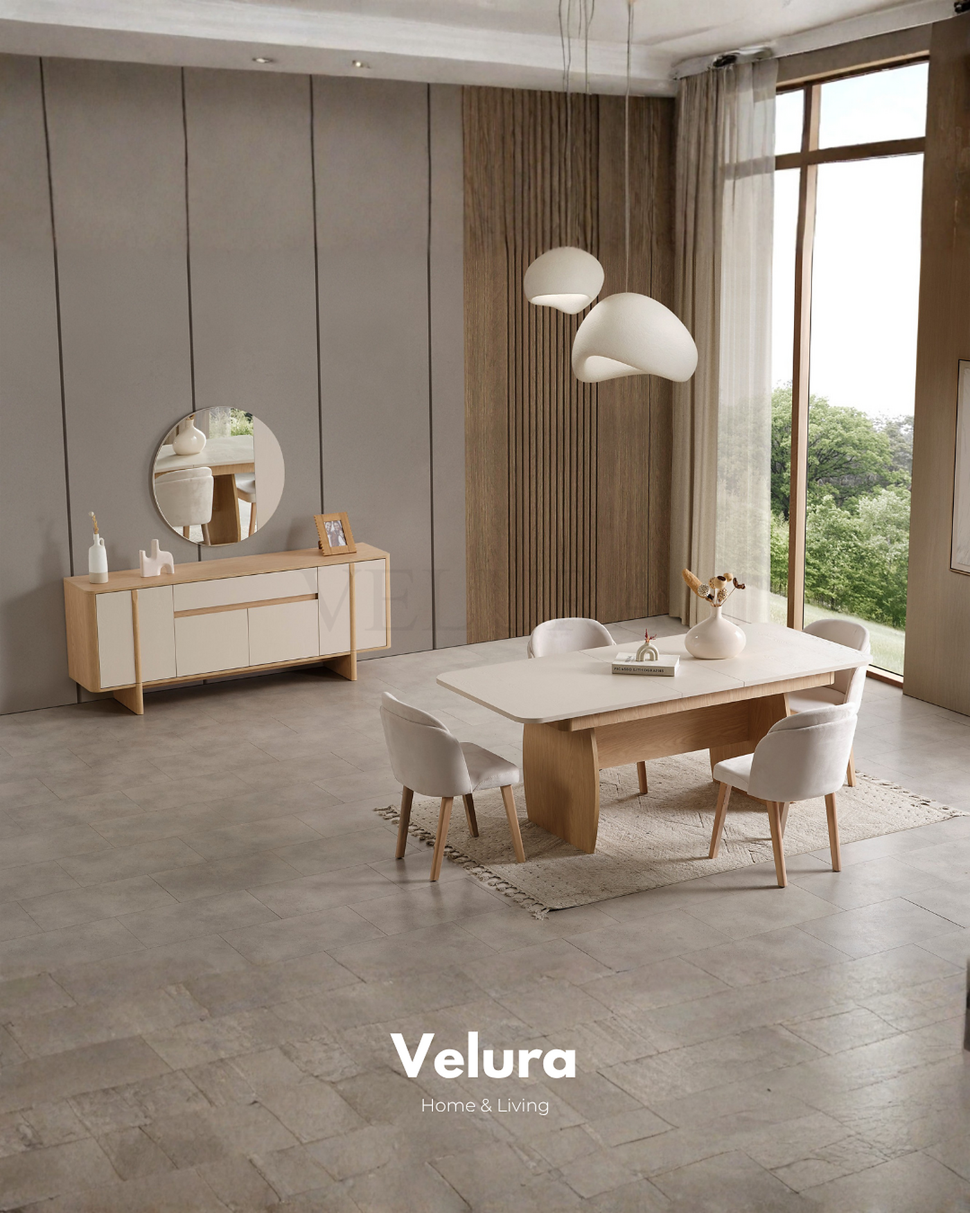 Eylül Yemek Masası Naturel Meşe ve Krem açılabilir modern yemek masası